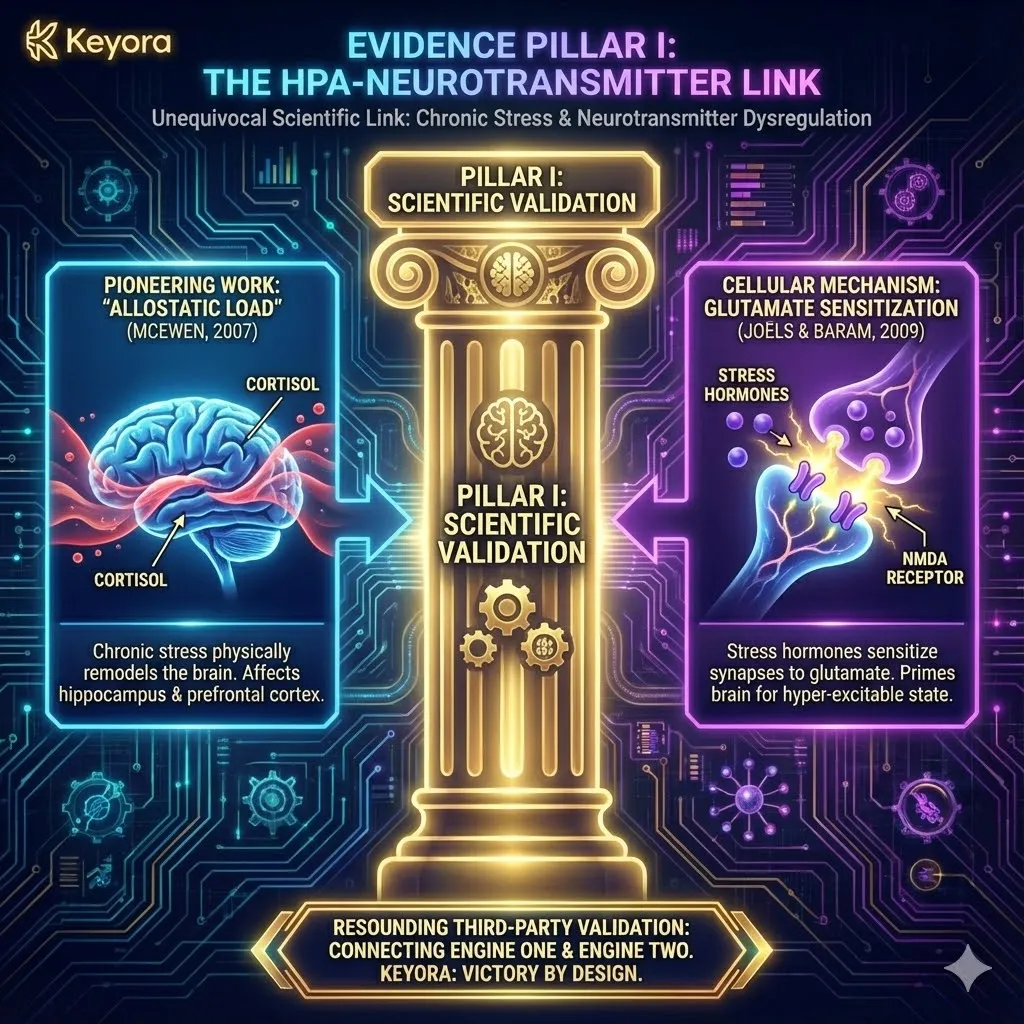 Evidence Pillar I confirms the causal link between the HPA axis and neurotransmitter dysregulation through the lens of "allostatic load." Research by Bruce McEwen demonstrates that chronic cortisol exposure physically remodels brain regions high in glutamate receptors, such as the hippocampus. Furthermore, the work of Joëls and Baram (2009) validates that stress hormones specifically sensitize synapses to glutamate, creating a state of permanent hyper-excitability. This clinical foundation proves that the transition from hormonal stress to chemical anxiety is a documented physiological remodeling process, providing rigorous validation for the interaction between the storm's first and second engines. Evidence Pillar I confirms the causal link between the HPA axis and neurotransmitter dysregulation through the lens of "allostatic load." Research by Bruce McEwen demonstrates that chronic cortisol exposure physically remodels brain regions high in glutamate receptors, such as the hippocampus. Furthermore, the work of Joëls and Baram (2009) validates that stress hormones specifically sensitize synapses to glutamate, creating a state of permanent hyper-excitability. This clinical foundation proves that the transition from hormonal stress to chemical anxiety is a documented physiological remodeling process, providing rigorous validation for the interaction between the storm's first and second engines.