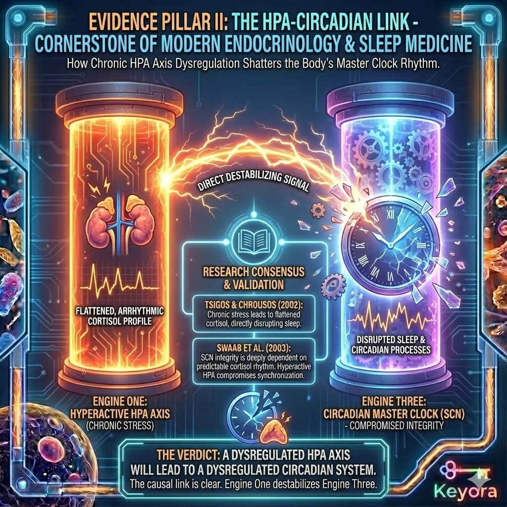 Evidence Pillar II validates the HPA-Circadian link, establishing the master clock's dependency on predictable cortisol rhythms. Clinical research by George Chrousos and Swaab confirms that chronic stress flattens the diurnal cortisol profile, creating an arrhythmic state that directly destabilizes the Suprachiasmatic Nucleus (SCN). This hormonal interference prevents the SCN from synchronizing systemic processes like sleep, metabolism, and immune function. The consensus in endocrinology establishes that Engine One’s dysfunction is a primary driver of Engine Three’s collapse, proving that circadian dysregulation is an inevitable physiological consequence of a runaway stress response. Evidence Pillar II validates the HPA-Circadian link, establishing the master clock's dependency on predictable cortisol rhythms. Clinical research by George Chrousos and Swaab confirms that chronic stress flattens the diurnal cortisol profile, creating an arrhythmic state that directly destabilizes the Suprachiasmatic Nucleus (SCN). This hormonal interference prevents the SCN from synchronizing systemic processes like sleep, metabolism, and immune function. The consensus in endocrinology establishes that Engine One’s dysfunction is a primary driver of Engine Three’s collapse, proving that circadian dysregulation is an inevitable physiological consequence of a runaway stress response.