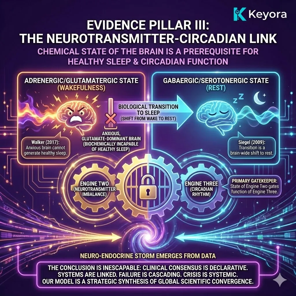 Evidence Pillar III confirms the Neurotransmitter-Circadian link, establishing that the transition into sleep requires a brain-wide neurochemical shift from glutamatergic wakefulness to GABAergic rest. Clinical data, supported by researchers like Siegel and Walker, demonstrate that a glutamate-dominant environment acts as a biochemical barrier to the initiation of sleep cycles. This validates that Engine Two is the gatekeeper of Engine Three; a brain drowned in excitatory "noise" is physiologically incapable of following the master clock's commands. The assembly of these independent pillars proves that the Neuro-Endocrine Storm is the declarative, convergent conclusion of global scientific research. Evidence Pillar III confirms the Neurotransmitter-Circadian link, establishing that the transition into sleep requires a brain-wide neurochemical shift from glutamatergic wakefulness to GABAergic rest. Clinical data, supported by researchers like Siegel and Walker, demonstrate that a glutamate-dominant environment acts as a biochemical barrier to the initiation of sleep cycles. This validates that Engine Two is the gatekeeper of Engine Three; a brain drowned in excitatory "noise" is physiologically incapable of following the master clock's commands. The assembly of these independent pillars proves that the Neuro-Endocrine Storm is the declarative, convergent conclusion of global scientific research.