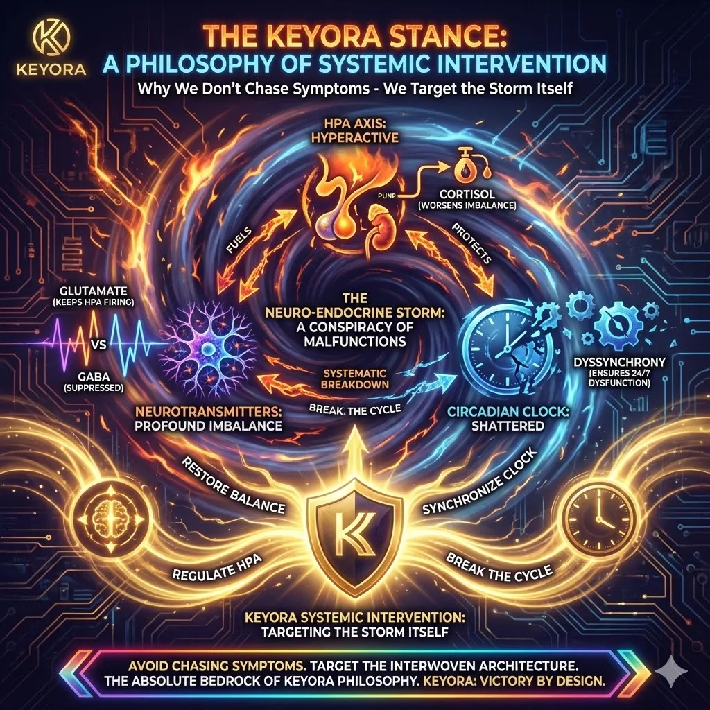 The Keyora Stance posits that the Neuro-Endocrine Storm is a unified conspiracy where the HPA axis, neurotransmitter balance, and circadian clock act as mutually reinforcing engines of dysfunction. Because these systems are chemically and neurologically interwoven—forming a closed-loop "Triple Lock"—the entire architecture must be addressed simultaneously. This philosophical shift moves beyond the traditional medical model of chasing individual symptoms, as the failure of any one engine provides the fuel to protect and sustain the others. Understanding this conspiracy is the prerequisite for systemic intervention: to break the storm, one must dismantle the interdependent feedback loops that maintain its equilibrium. The Keyora Stance posits that the Neuro-Endocrine Storm is a unified conspiracy where the HPA axis, neurotransmitter balance, and circadian clock act as mutually reinforcing engines of dysfunction. Because these systems are chemically and neurologically interwoven—forming a closed-loop "Triple Lock"—the entire architecture must be addressed simultaneously. This philosophical shift moves beyond the traditional medical model of chasing individual symptoms, as the failure of any one engine provides the fuel to protect and sustain the others. Understanding this conspiracy is the prerequisite for systemic intervention: to break the storm, one must dismantle the interdependent feedback loops that maintain its equilibrium.