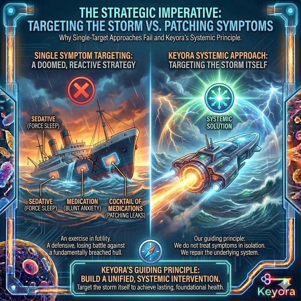 The "Keyora Strategic Principle" identifies the inherent failure of traditional symptom-focused treatments, such as isolated sedatives or anxiolytics. Targeting a single engine—like forcing sleep while the cortisol and glutamate storm persists—is mathematically insufficient to break the systemic cycle. This "patchwork" approach fails because it ignores the fundamental breach in the physiological hull. By refusing to treat symptoms in isolation, the Keyora framework shifts the objective toward a simultaneous, multi-system intervention designed to collapse the entire self-sustaining architecture of the Neuro-Endocrine Storm at its core. The "Keyora Strategic Principle" identifies the inherent failure of traditional symptom-focused treatments, such as isolated sedatives or anxiolytics. Targeting a single engine—like forcing sleep while the cortisol and glutamate storm persists—is mathematically insufficient to break the systemic cycle. This "patchwork" approach fails because it ignores the fundamental breach in the physiological hull. By refusing to treat symptoms in isolation, the Keyora framework shifts the objective toward a simultaneous, multi-system intervention designed to collapse the entire self-sustaining architecture of the Neuro-Endocrine Storm at its core.