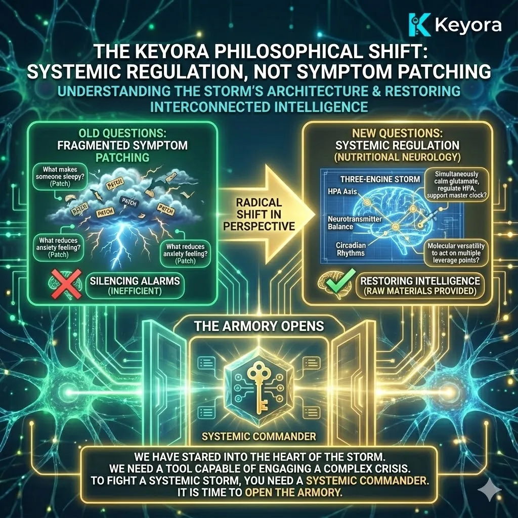 The "Keyora Stance" represents a radical shift from symptom management to systemic regulation, focusing on the fundamental architecture of the Neuro-Endocrine Storm. Rather than seeking isolated patches for sleep or anxiety, the philosophy of Nutritional Neurology identifies interventions with the molecular versatility to act on multiple leverage points simultaneously. This strategy prioritizes restoring the body's internal intelligence by calming glutamatergic hyperactivity, regulating the HPA axis, and supporting circadian signaling in a unified manner. By providing the raw biological materials required for multi-system repair, the approach moves beyond silencing alarms to dismantling the three-engine crisis at its source. The "Keyora Stance" represents a radical shift from symptom management to systemic regulation, focusing on the fundamental architecture of the Neuro-Endocrine Storm. Rather than seeking isolated patches for sleep or anxiety, the philosophy of Nutritional Neurology identifies interventions with the molecular versatility to act on multiple leverage points simultaneously. This strategy prioritizes restoring the body's internal intelligence by calming glutamatergic hyperactivity, regulating the HPA axis, and supporting circadian signaling in a unified manner. By providing the raw biological materials required for multi-system repair, the approach moves beyond silencing alarms to dismantling the three-engine crisis at its source.
