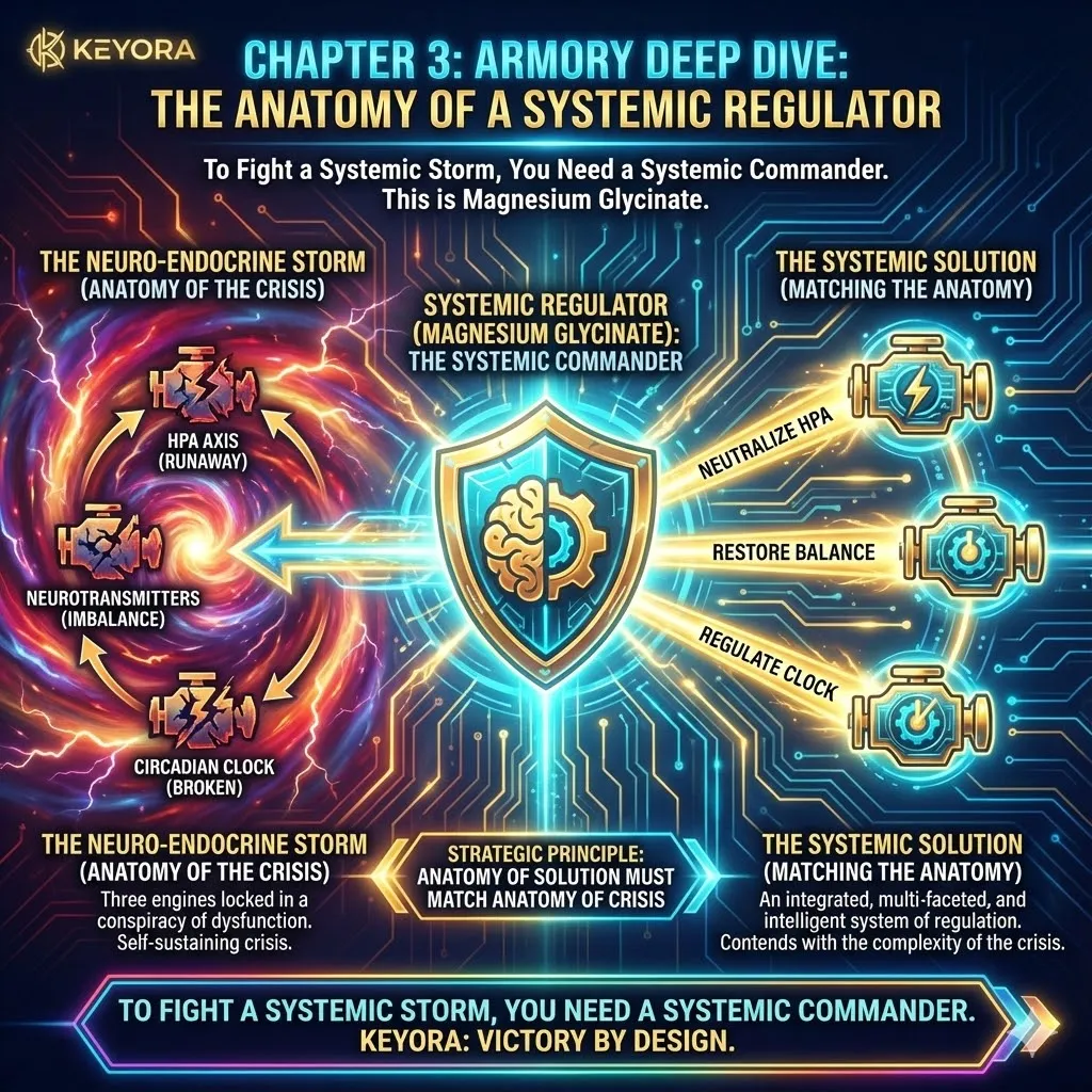 Chapter 3 introduces the "Systemic Commander" by establishing that the solution's anatomy must mirror the complexity of the crisis. To dismantle the Neuro-Endocrine Storm, an intervention cannot be a single-target "patch"; it must possess the molecular versatility to engage the HPA axis, neurotransmitter signaling, and the circadian clock simultaneously. This strategic requirement shifts the focus toward Magnesium Glycinate, a compound identified for its unique ability to act as a multi-axis regulator. By matching the integrated nature of the storm with a highly integrated solution, the framework moves from defensive symptom-masking to a proactive, architectural dismantling of the entire three-engine system. Chapter 3 introduces the "Systemic Commander" by establishing that the solution's anatomy must mirror the complexity of the crisis. To dismantle the Neuro-Endocrine Storm, an intervention cannot be a single-target "patch"; it must possess the molecular versatility to engage the HPA axis, neurotransmitter signaling, and the circadian clock simultaneously. This strategic requirement shifts the focus toward Magnesium Glycinate, a compound identified for its unique ability to act as a multi-axis regulator. By matching the integrated nature of the storm with a highly integrated solution, the framework moves from defensive symptom-masking to a proactive, architectural dismantling of the entire three-engine system.