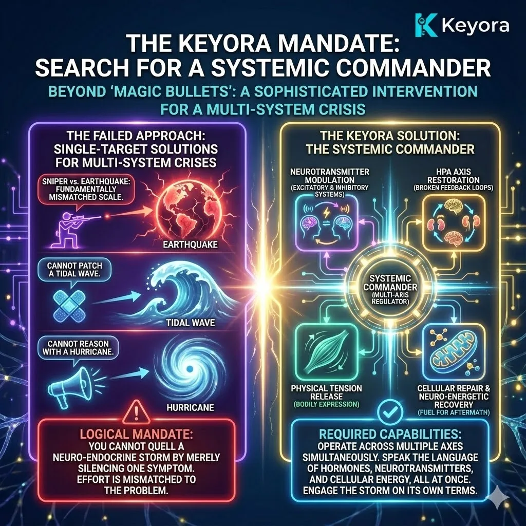 The search for a "Systemic Commander" is a logical mandate necessitated by the multi-system nature of the Neuro-Endocrine Storm. A single-target intervention is dismissed as being as ineffective as a sniper against an earthquake. To qualify as a commander, a tool must possess the biological intelligence to operate across multiple axes simultaneously, speaking the languages of hormones, neurotransmitters, and cellular energy. The criteria for this role include the capacity to modulate excitatory and inhibitory systems, restore HPA axis feedback loops, resolve physical muscular tension, and provide the essential fuel for neuro-energetic recovery. The search for a "Systemic Commander" is a logical mandate necessitated by the multi-system nature of the Neuro-Endocrine Storm. A single-target intervention is dismissed as being as ineffective as a sniper against an earthquake. To qualify as a commander, a tool must possess the biological intelligence to operate across multiple axes simultaneously, speaking the languages of hormones, neurotransmitters, and cellular energy. The criteria for this role include the capacity to modulate excitatory and inhibitory systems, restore HPA axis feedback loops, resolve physical muscular tension, and provide the essential fuel for neuro-energetic recovery.
