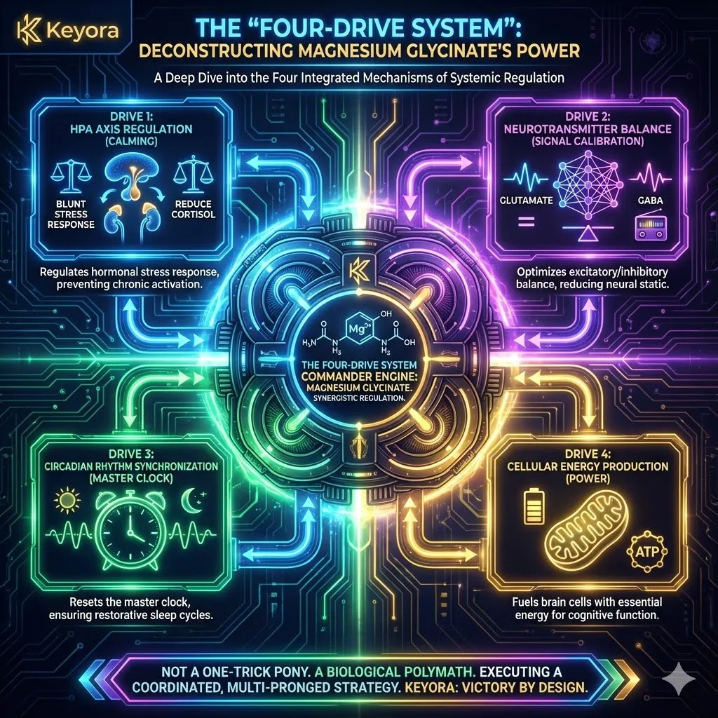 The "Four-Drive System" of Magnesium Glycinate defines its role as a Systemic Commander, capable of a coordinated, multi-pronged intervention. Rather than a singular function, this compound deploys four integrated mechanisms of action across the domains of neurochemistry and cell biology. This internal synergy allows it to simultaneously engage every front of the Neuro-Endocrine Storm, from hormonal feedback to cellular energetics. By moving into the granular details of these four drives, the framework establishes the precise biological mechanisms that translate molecular regulation into a tangible physiological shift from a state of crisis to systemic stability. The "Four-Drive System" of Magnesium Glycinate defines its role as a Systemic Commander, capable of a coordinated, multi-pronged intervention. Rather than a singular function, this compound deploys four integrated mechanisms of action across the domains of neurochemistry and cell biology. This internal synergy allows it to simultaneously engage every front of the Neuro-Endocrine Storm, from hormonal feedback to cellular energetics. By moving into the granular details of these four drives, the framework establishes the precise biological mechanisms that translate molecular regulation into a tangible physiological shift from a state of crisis to systemic stability.