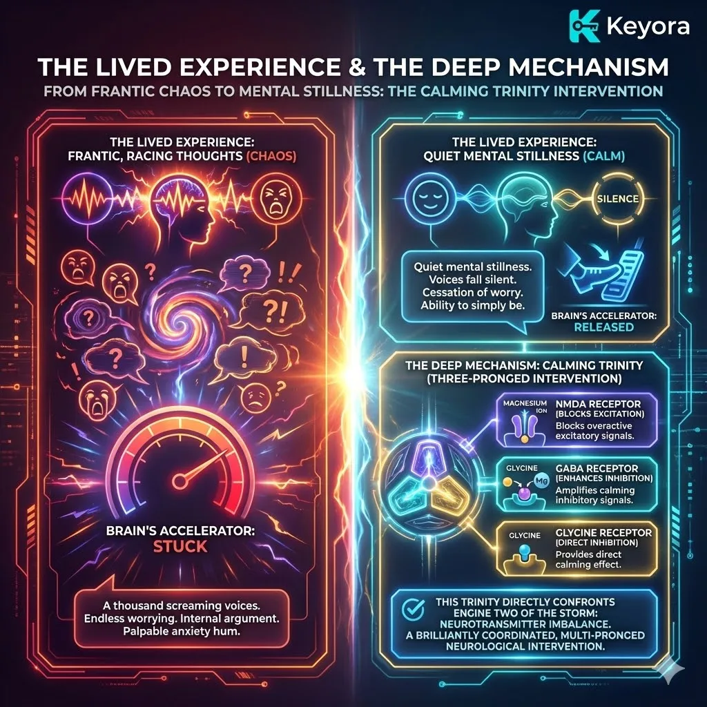The "Calming Trinity" represents the immediate lived experience of shifting from frantic, racing thoughts to mental stillness. This transition marks the physiological release of the brain's accelerator, silencing the persistent internal hum of anxiety. Mechanistically, this three-pronged neurological intervention is delivered by the unique synergy of magnesium and glycine, which directly confronts the neurotransmitter imbalance of Engine Two. By engaging specific molecular pathways to restore the GABA-Glutamate equilibrium, this trinity transforms the subjective feeling of being hijacked by worry into a tangible state of cognitive quiet and emotional regulation. The "Calming Trinity" represents the immediate lived experience of shifting from frantic, racing thoughts to mental stillness. This transition marks the physiological release of the brain's accelerator, silencing the persistent internal hum of anxiety. Mechanistically, this three-pronged neurological intervention is delivered by the unique synergy of magnesium and glycine, which directly confronts the neurotransmitter imbalance of Engine Two. By engaging specific molecular pathways to restore the GABA-Glutamate equilibrium, this trinity transforms the subjective feeling of being hijacked by worry into a tangible state of cognitive quiet and emotional regulation.