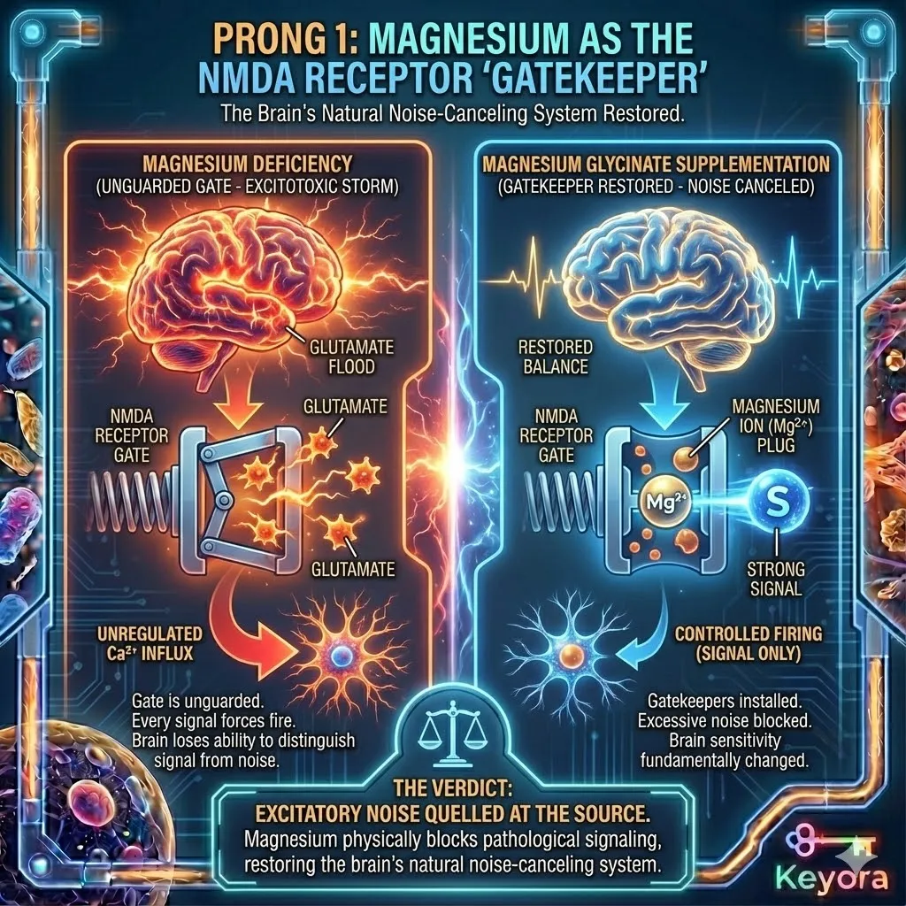 Magnesium serves as the "Gatekeeper" of the NMDA receptor, acting as a physical plug within the calcium channel to regulate neuronal firing. In the Neuro-Endocrine Storm, a lack of magnesium leaves these "spring-loaded gates" unguarded, allowing excessive glutamate to trigger unregulated calcium influx and chronic excitotoxicity. By reinstalling these ionic plugs, magnesium restores the brain's natural noise-canceling system, preventing trivial signals from triggering an emergency response. This intervention quells the storm of excitatory noise at its source, fundamentally desensitizing the brain to pathological glutamate levels and ending the state of chaotic, unregulated firing. Magnesium serves as the "Gatekeeper" of the NMDA receptor, acting as a physical plug within the calcium channel to regulate neuronal firing. In the Neuro-Endocrine Storm, a lack of magnesium leaves these "spring-loaded gates" unguarded, allowing excessive glutamate to trigger unregulated calcium influx and chronic excitotoxicity. By reinstalling these ionic plugs, magnesium restores the brain's natural noise-canceling system, preventing trivial signals from triggering an emergency response. This intervention quells the storm of excitatory noise at its source, fundamentally desensitizing the brain to pathological glutamate levels and ending the state of chaotic, unregulated firing.