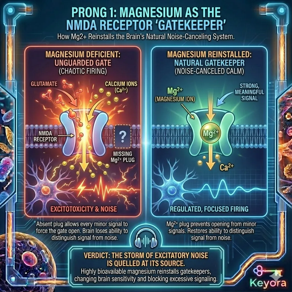 Magnesium serves as the "Gatekeeper" of the NMDA receptor, acting as a physical plug within the calcium channel to regulate neuronal firing. In the Neuro-Endocrine Storm, a lack of magnesium leaves these "spring-loaded gates" unguarded, allowing excessive glutamate to trigger unregulated calcium influx and chronic excitotoxicity. By reinstalling these ionic plugs, magnesium restores the brain's natural noise-canceling system, preventing trivial signals from triggering an emergency response. This intervention quells the storm of excitatory noise at its source, fundamentally desensitizing the brain to pathological glutamate levels and ending the state of chaotic, unregulated firing. Magnesium serves as the "Gatekeeper" of the NMDA receptor, acting as a physical plug within the calcium channel to regulate neuronal firing. In the Neuro-Endocrine Storm, a lack of magnesium leaves these "spring-loaded gates" unguarded, allowing excessive glutamate to trigger unregulated calcium influx and chronic excitotoxicity. By reinstalling these ionic plugs, magnesium restores the brain's natural noise-canceling system, preventing trivial signals from triggering an emergency response. This intervention quells the storm of excitatory noise at its source, fundamentally desensitizing the brain to pathological glutamate levels and ending the state of chaotic, unregulated firing.