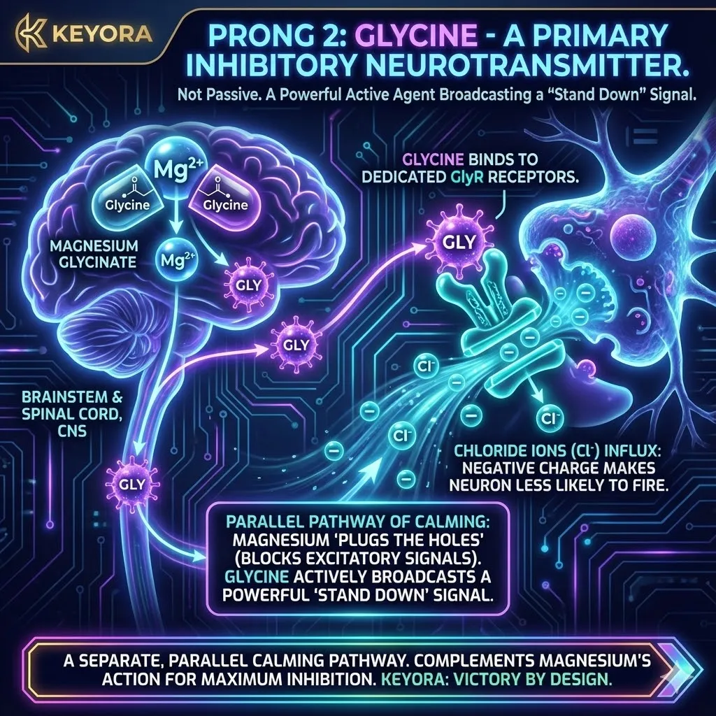 The "Glycinate" carrier is an active neurological agent rather than a passive vehicle, serving as a primary inhibitory neurotransmitter. Upon absorption, glycine is released to bind with dedicated Glycine Receptors (GlyR) throughout the central nervous system. This activation triggers an influx of chloride ions, which hyperpolarizes the neuron and raises the threshold for firing. This mechanism provides a parallel inhibitory pathway: while magnesium physically plugs excitatory channels, glycine actively broadcasts a systemic "stand down" signal. Together, they create a dual-layered defense that restores the brain's ability to transition from a state of emergency to a state of calm. The "Glycinate" carrier is an active neurological agent rather than a passive vehicle, serving as a primary inhibitory neurotransmitter. Upon absorption, glycine is released to bind with dedicated Glycine Receptors (GlyR) throughout the central nervous system. This activation triggers an influx of chloride ions, which hyperpolarizes the neuron and raises the threshold for firing. This mechanism provides a parallel inhibitory pathway: while magnesium physically plugs excitatory channels, glycine actively broadcasts a systemic "stand down" signal. Together, they create a dual-layered defense that restores the brain's ability to transition from a state of emergency to a state of calm.