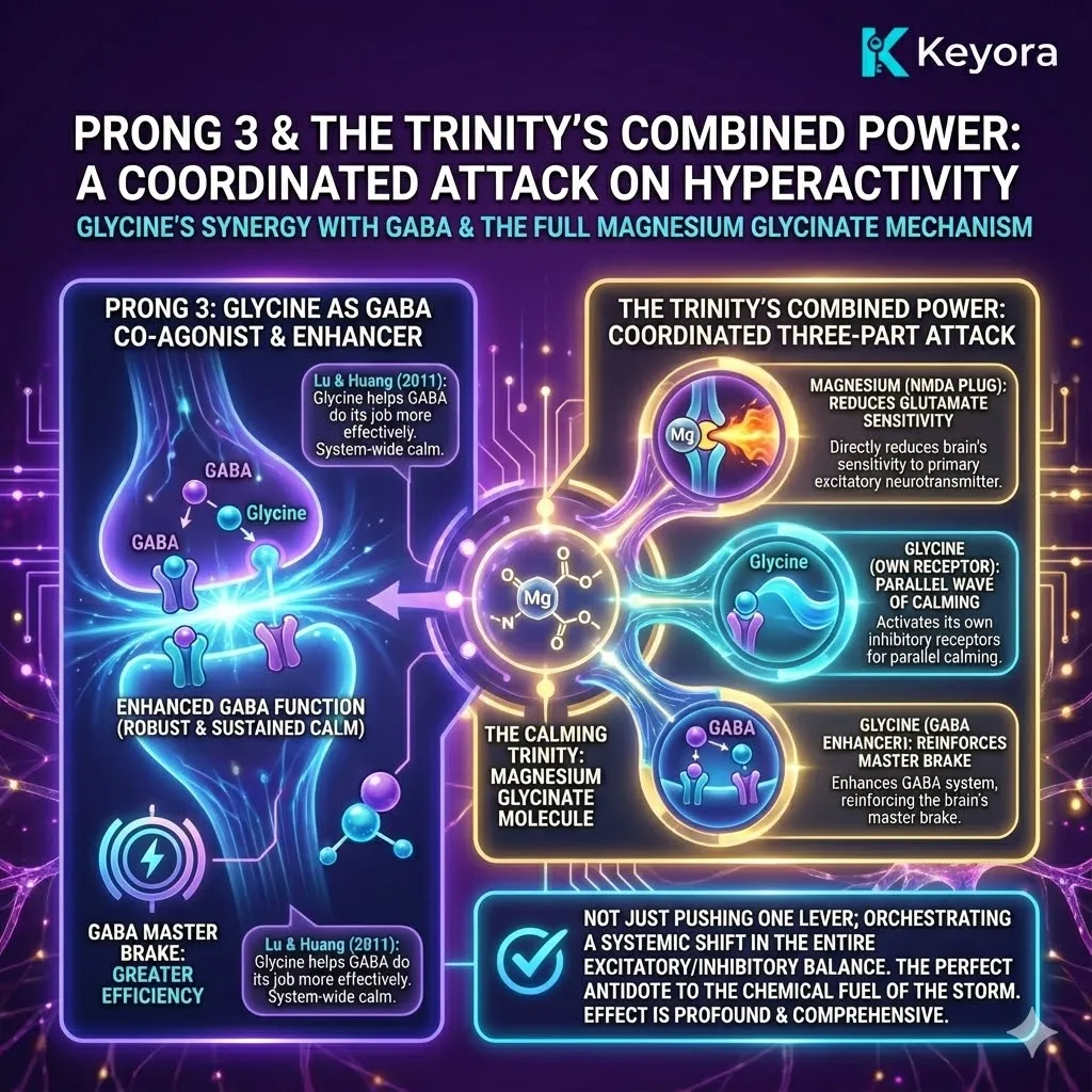 The "GABA Potentiation" phase completes the Calming Trinity by establishing glycine as a crucial co-agonist that enhances the efficiency of the brain's master inhibitory neurotransmitter, GABA. Rather than acting in isolation, glycine ensures that the system-wide "calm" signal is robust and sustained by reinforcing the primary neurological braking system. When integrated, these three prongs—magnesium’s NMDA blockade, glycine’s direct inhibition, and GABA enhancement—orchestrate a systemic shift in the brain's excitatory-inhibitory balance. This coordinated molecular attack provides a comprehensive antidote to the chemical fuel of the Neuro-Endocrine Storm, transitioning the neural environment from high-octane excitation to deep, regulated quiet. The "GABA Potentiation" phase completes the Calming Trinity by establishing glycine as a crucial co-agonist that enhances the efficiency of the brain's master inhibitory neurotransmitter, GABA. Rather than acting in isolation, glycine ensures that the system-wide "calm" signal is robust and sustained by reinforcing the primary neurological braking system. When integrated, these three prongs—magnesium’s NMDA blockade, glycine’s direct inhibition, and GABA enhancement—orchestrate a systemic shift in the brain's excitatory-inhibitory balance. This coordinated molecular attack provides a comprehensive antidote to the chemical fuel of the Neuro-Endocrine Storm, transitioning the neural environment from high-octane excitation to deep, regulated quiet.