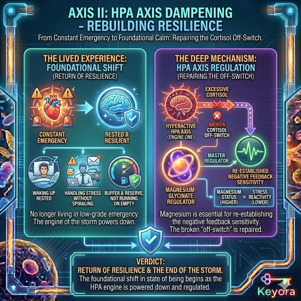 Drive Two focuses on HPA axis regulation, providing a foundational shift from a state of constant emergency to one of physiological resilience. This mechanism addresses the "Broken Off-Switch" of the stress response by restoring negative feedback sensitivity within the HPA cascade. Clinical evidence confirms that magnesium status is inversely correlated with stress reactivity; a deficiency ensures the HPA axis remains hyper-responsive, while adequate levels allow the brain to accurately perceive and terminate the cortisol signal. This intervention re-establishes the physiological buffer required to handle external stressors without spiraling into a systemic crisis, effectively powering down the primary engine of the Neuro-Endocrine Storm. Drive Two focuses on HPA axis regulation, providing a foundational shift from a state of constant emergency to one of physiological resilience. This mechanism addresses the "Broken Off-Switch" of the stress response by restoring negative feedback sensitivity within the HPA cascade. Clinical evidence confirms that magnesium status is inversely correlated with stress reactivity; a deficiency ensures the HPA axis remains hyper-responsive, while adequate levels allow the brain to accurately perceive and terminate the cortisol signal. This intervention re-establishes the physiological buffer required to handle external stressors without spiraling into a systemic crisis, effectively powering down the primary engine of the Neuro-Endocrine Storm.
