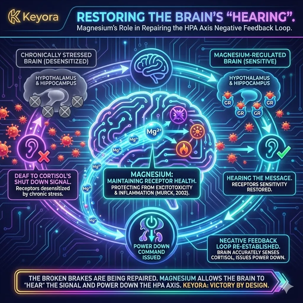 Restoring the brain's "hearing" involves repairing the desensitized glucocorticoid receptors in the hypothalamus and hippocampus that have become "deaf" to cortisol's feedback. Chronic stress and excitotoxicity normally degrade these receptors, preventing the brain from signaling the HPA axis to shut down. Magnesium acts as a protective agent, maintaining receptor health and sensitivity by mitigating inflammation and glutamate-induced damage. By re-establishing this vital negative feedback loop, magnesium allows the brain to accurately sense blood cortisol levels and issue the command to power down. This molecular repair effectively reinstalls the systemic "brakes" on the stress response, ending the state of perpetual hormonal emergency. Restoring the brain's "hearing" involves repairing the desensitized glucocorticoid receptors in the hypothalamus and hippocampus that have become "deaf" to cortisol's feedback. Chronic stress and excitotoxicity normally degrade these receptors, preventing the brain from signaling the HPA axis to shut down. Magnesium acts as a protective agent, maintaining receptor health and sensitivity by mitigating inflammation and glutamate-induced damage. By re-establishing this vital negative feedback loop, magnesium allows the brain to accurately sense blood cortisol levels and issue the command to power down. This molecular repair effectively reinstalls the systemic "brakes" on the stress response, ending the state of perpetual hormonal emergency.