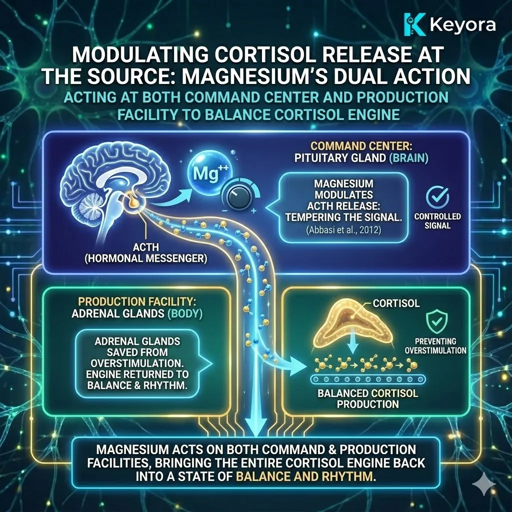 Magnesium modulates the HPA axis at its primary source by tempering the pituitary gland's secretion of ACTH (Adrenocorticotropic Hormone). This hormonal messenger is responsible for signaling the adrenal glands to produce cortisol; by regulating ACTH release, magnesium prevents the overstimulation of the adrenal cortex during minor stress events. This dual-action approach—addressing both the command center's sensitivity in the brain and the production facility's output at the pituitary—restores a healthy rhythm to the cortisol engine. This systematic regulation ensures the stress response is proportional and controlled, effectively preventing the adrenal glands from being locked in a state of perpetual high-octane secretion. Magnesium modulates the HPA axis at its primary source by tempering the pituitary gland's secretion of ACTH (Adrenocorticotropic Hormone). This hormonal messenger is responsible for signaling the adrenal glands to produce cortisol; by regulating ACTH release, magnesium prevents the overstimulation of the adrenal cortex during minor stress events. This dual-action approach—addressing both the command center's sensitivity in the brain and the production facility's output at the pituitary—restores a healthy rhythm to the cortisol engine. This systematic regulation ensures the stress response is proportional and controlled, effectively preventing the adrenal glands from being locked in a state of perpetual high-octane secretion.
