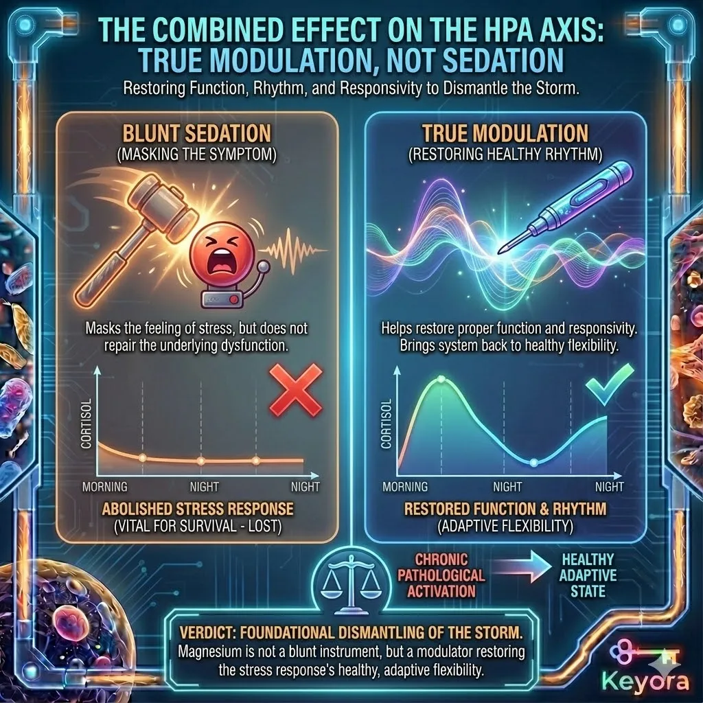 Magnesium serves as a biological modulator rather than a sedative, focusing on the restoration of the HPA axis's rhythm and adaptive flexibility. By repairing the broken "off-switch" at the pituitary and hypothalamic levels, it ensures the stress response remains a survival tool rather than a chronic pathology. This intervention transitions the system from a state of permanent activation to one of healthy responsivity, allowing the body to mobilize during genuine threats and return to baseline efficiently. Restoring this hormonal elasticity is a foundational requirement for dismantling the self-sustaining feedback loops that define the Neuro-Endocrine Storm. Magnesium serves as a biological modulator rather than a sedative, focusing on the restoration of the HPA axis's rhythm and adaptive flexibility. By repairing the broken "off-switch" at the pituitary and hypothalamic levels, it ensures the stress response remains a survival tool rather than a chronic pathology. This intervention transitions the system from a state of permanent activation to one of healthy responsivity, allowing the body to mobilize during genuine threats and return to baseline efficiently. Restoring this hormonal elasticity is a foundational requirement for dismantling the self-sustaining feedback loops that define the Neuro-Endocrine Storm.