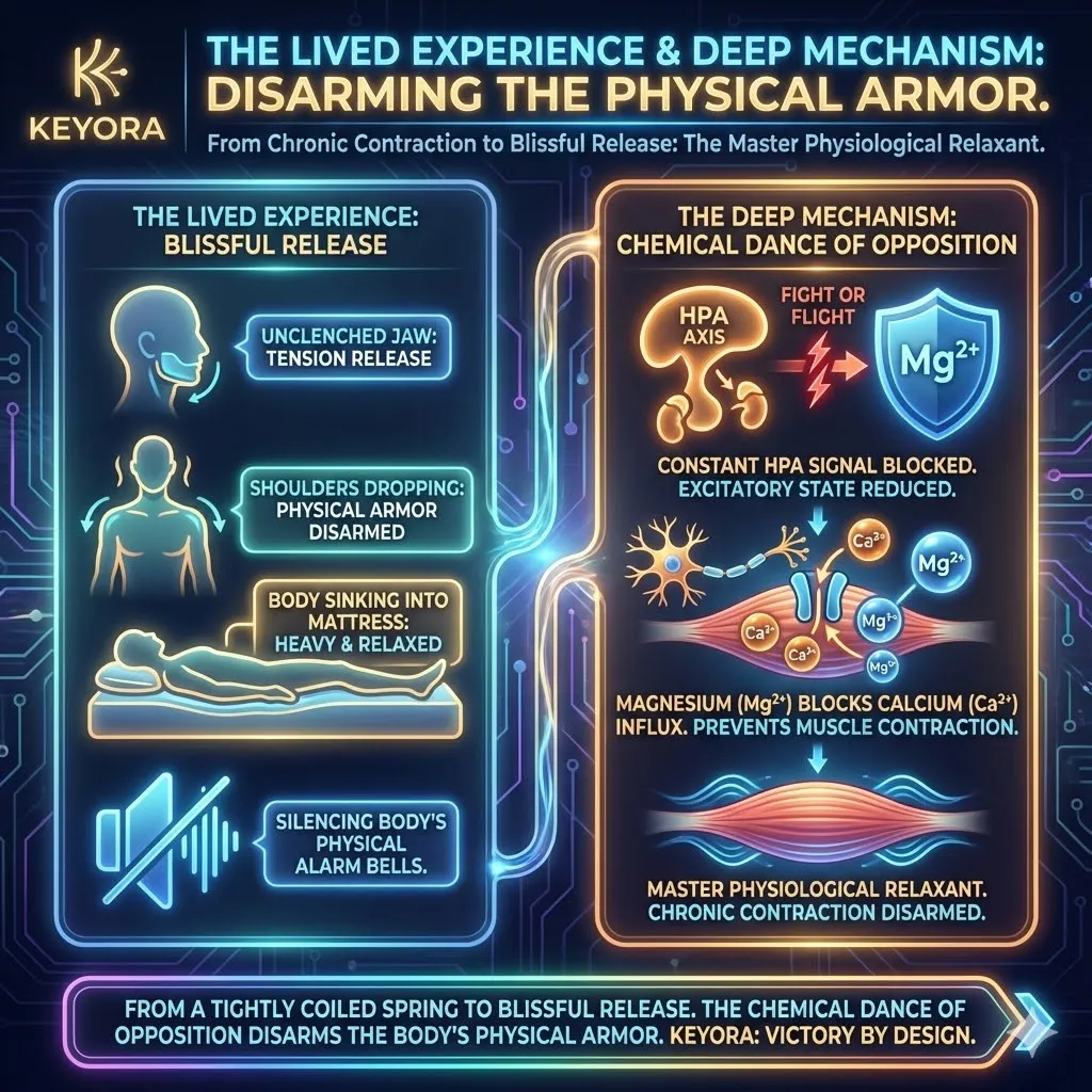 Drive Three identifies Magnesium as the "Somatic Peacekeeper," addressing the chronic muscular contraction that serves as the physical armor of the Neuro-Endocrine Storm. The constant "fight or flight" signals from the HPA axis manifest as involuntary tension—unclenched jaws, raised shoulders, and stress-induced headaches. Magnesium acts as a master physiological relaxant through a chemical dance of opposition, reversing the state of a "tightly coiled spring." By facilitating the release of persistent physical tension, this mechanism silences the body's peripheral alarm bells, allowing the physical frame to finally transition into a state of heavy, grounded relaxation and somatic stillness. Drive Three identifies Magnesium as the "Somatic Peacekeeper," addressing the chronic muscular contraction that serves as the physical armor of the Neuro-Endocrine Storm. The constant "fight or flight" signals from the HPA axis manifest as involuntary tension—unclenched jaws, raised shoulders, and stress-induced headaches. Magnesium acts as a master physiological relaxant through a chemical dance of opposition, reversing the state of a "tightly coiled spring." By facilitating the release of persistent physical tension, this mechanism silences the body's peripheral alarm bells, allowing the physical frame to finally transition into a state of heavy, grounded relaxation and somatic stillness.