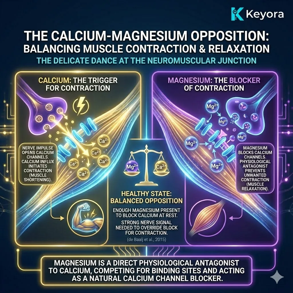The "Calcium-Magnesium Opposition" serves as the fundamental regulatory mechanism at every neuromuscular junction. Calcium acts as the chemical trigger for contraction, flooding muscle cells to initiate fiber shortening upon receiving a nerve impulse. Magnesium functions as a direct physiological antagonist and natural calcium channel blocker, competing for the same binding sites to prevent involuntary activation. In a healthy physiological state, magnesium effectively "guards" these channels, ensuring muscle fibers remain relaxed until a strong, intentional signal is received. This cellular tug-of-war ensures that the body's peripheral system can maintain a state of rest, preventing the constant, localized "micro-contractions" that characterize chronic stress. The "Calcium-Magnesium Opposition" serves as the fundamental regulatory mechanism at every neuromuscular junction. Calcium acts as the chemical trigger for contraction, flooding muscle cells to initiate fiber shortening upon receiving a nerve impulse. Magnesium functions as a direct physiological antagonist and natural calcium channel blocker, competing for the same binding sites to prevent involuntary activation. In a healthy physiological state, magnesium effectively "guards" these channels, ensuring muscle fibers remain relaxed until a strong, intentional signal is received. This cellular tug-of-war ensures that the body's peripheral system can maintain a state of rest, preventing the constant, localized "micro-contractions" that characterize chronic stress.