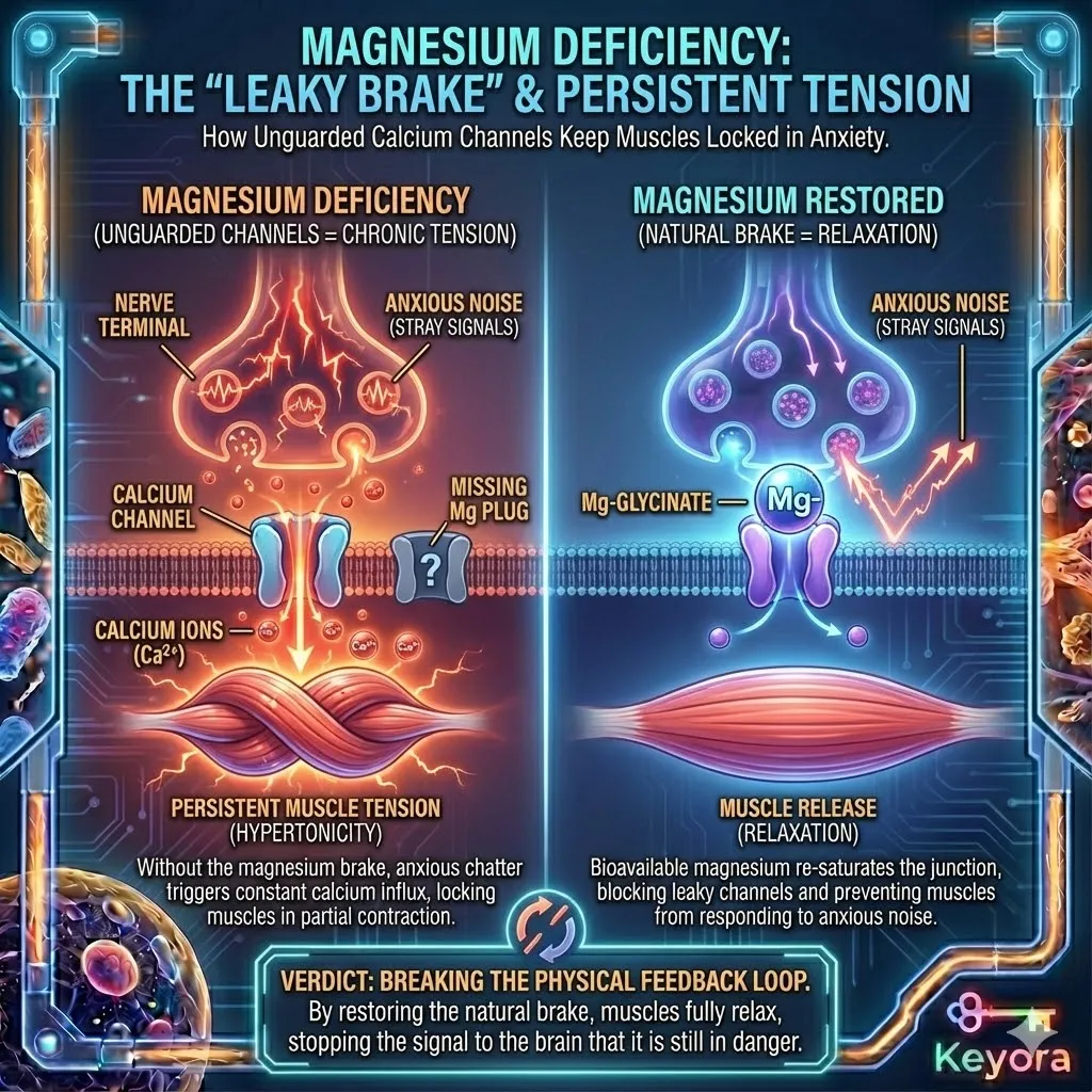 Magnesium deficiency removes the "natural brake" at the neuromuscular junction, leaving calcium channels unguarded against the background noise of an anxious nervous system. This lack of ionic competition allows minor nerve signals to trigger persistent, low-grade muscle tension, manifesting as a stiff neck, clenched jaw, or chronic back pain. By re-saturating these junctions with bioavailable magnesium, the "leaky" calcium channels are physically blocked, preventing muscle fibers from responding to involuntary neural chatter. This cellular restoration allows for the full release of chronic hypertonicity, effectively breaking the somatic feedback loop where physical tension signals the brain to remain in a state of high-alert emergency. Magnesium deficiency removes the "natural brake" at the neuromuscular junction, leaving calcium channels unguarded against the background noise of an anxious nervous system. This lack of ionic competition allows minor nerve signals to trigger persistent, low-grade muscle tension, manifesting as a stiff neck, clenched jaw, or chronic back pain. By re-saturating these junctions with bioavailable magnesium, the "leaky" calcium channels are physically blocked, preventing muscle fibers from responding to involuntary neural chatter. This cellular restoration allows for the full release of chronic hypertonicity, effectively breaking the somatic feedback loop where physical tension signals the brain to remain in a state of high-alert emergency.