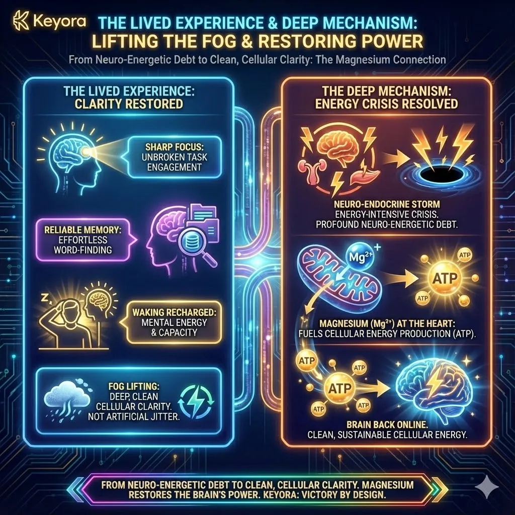 Drive Four addresses the "neuro-energetic debt" incurred by the Neuro-Endocrine Storm, where constant neural firing and hormonal output deplete the brain's cellular fuel. This state manifests as profound cognitive fog and impaired memory. Magnesium is the essential cofactor for the production and utilization of ATP (adenosine triphosphate), the primary energy currency of the cell. By restoring magnesium levels, the brain transitions from a state of metabolic exhaustion to one of clean, stable mental clarity. This restorative process allows the brain to meet cognitive demands without the jittery effects of stimulants, effectively bringing the "biological hardware" back online through the resolution of its deep energy deficit. Drive Four addresses the "neuro-energetic debt" incurred by the Neuro-Endocrine Storm, where constant neural firing and hormonal output deplete the brain's cellular fuel. This state manifests as profound cognitive fog and impaired memory. Magnesium is the essential cofactor for the production and utilization of ATP (adenosine triphosphate), the primary energy currency of the cell. By restoring magnesium levels, the brain transitions from a state of metabolic exhaustion to one of clean, stable mental clarity. This restorative process allows the brain to meet cognitive demands without the jittery effects of stimulants, effectively bringing the "biological hardware" back online through the resolution of its deep energy deficit.