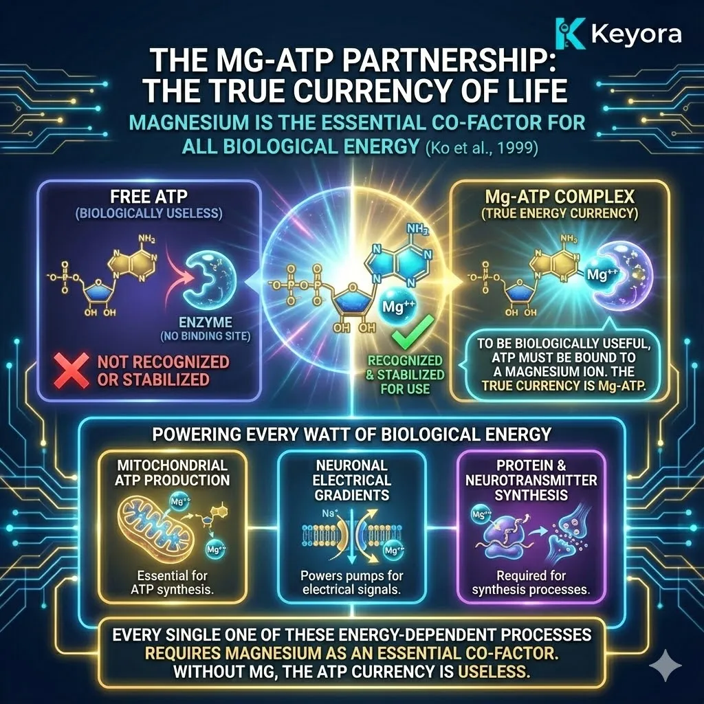 The "Mg-ATP Partnership" reveals that the body’s energy currency, Adenosine Triphosphate (ATP), is biologically inert and unrecognizable to enzymes unless physically bound to a magnesium ion. Every physiological process—from the mitochondrial production of energy to the maintenance of neuronal electrical gradients—relies on the "Mg-ATP" complex as its true functional unit. Without sufficient magnesium, the brain’s high-energy pumps and protein synthesis mechanisms cannot operate, regardless of the amount of ATP available. This partnership ensures that magnesium is not merely a helper, but the essential mechanical key that unlocks the power required to restore and maintain the brain's "online" state. The "Mg-ATP Partnership" reveals that the body’s energy currency, Adenosine Triphosphate (ATP), is biologically inert and unrecognizable to enzymes unless physically bound to a magnesium ion. Every physiological process—from the mitochondrial production of energy to the maintenance of neuronal electrical gradients—relies on the "Mg-ATP" complex as its true functional unit. Without sufficient magnesium, the brain’s high-energy pumps and protein synthesis mechanisms cannot operate, regardless of the amount of ATP available. This partnership ensures that magnesium is not merely a helper, but the essential mechanical key that unlocks the power required to restore and maintain the brain's "online" state.