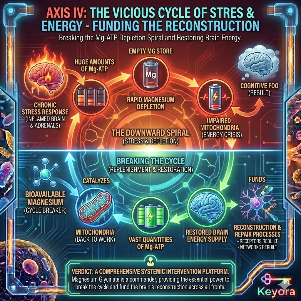 The "Vicious Cycle of Stress and Energy" explains how chronic stress triggers a downward metabolic spiral: the stress response consumes massive quantities of Mg-ATP, depleting magnesium stores and subsequently impairing the mitochondria’s ability to generate new energy. This metabolic deficit serves as a secondary physiological stressor, further activating the HPA axis and accelerating exhaustion. Replenishing magnesium breaks this cycle by providing the essential catalyst for mitochondrial recovery. By restoring the brain’s energy supply, the intervention "funds the reconstruction," providing the necessary power for neurons to repair receptors, rebalance chemistry, and rebuild damaged networks. These four integrated drives—Neurotransmitter, Hormonal, Muscular, and Energetic—establish Magnesium Glycinate as a comprehensive, systemic commander for multi-front recovery. The "Vicious Cycle of Stress and Energy" explains how chronic stress triggers a downward metabolic spiral: the stress response consumes massive quantities of Mg-ATP, depleting magnesium stores and subsequently impairing the mitochondria’s ability to generate new energy. This metabolic deficit serves as a secondary physiological stressor, further activating the HPA axis and accelerating exhaustion. Replenishing magnesium breaks this cycle by providing the essential catalyst for mitochondrial recovery. By restoring the brain’s energy supply, the intervention "funds the reconstruction," providing the necessary power for neurons to repair receptors, rebalance chemistry, and rebuild damaged networks. These four integrated drives—Neurotransmitter, Hormonal, Muscular, and Energetic—establish Magnesium Glycinate as a comprehensive, systemic commander for multi-front recovery.