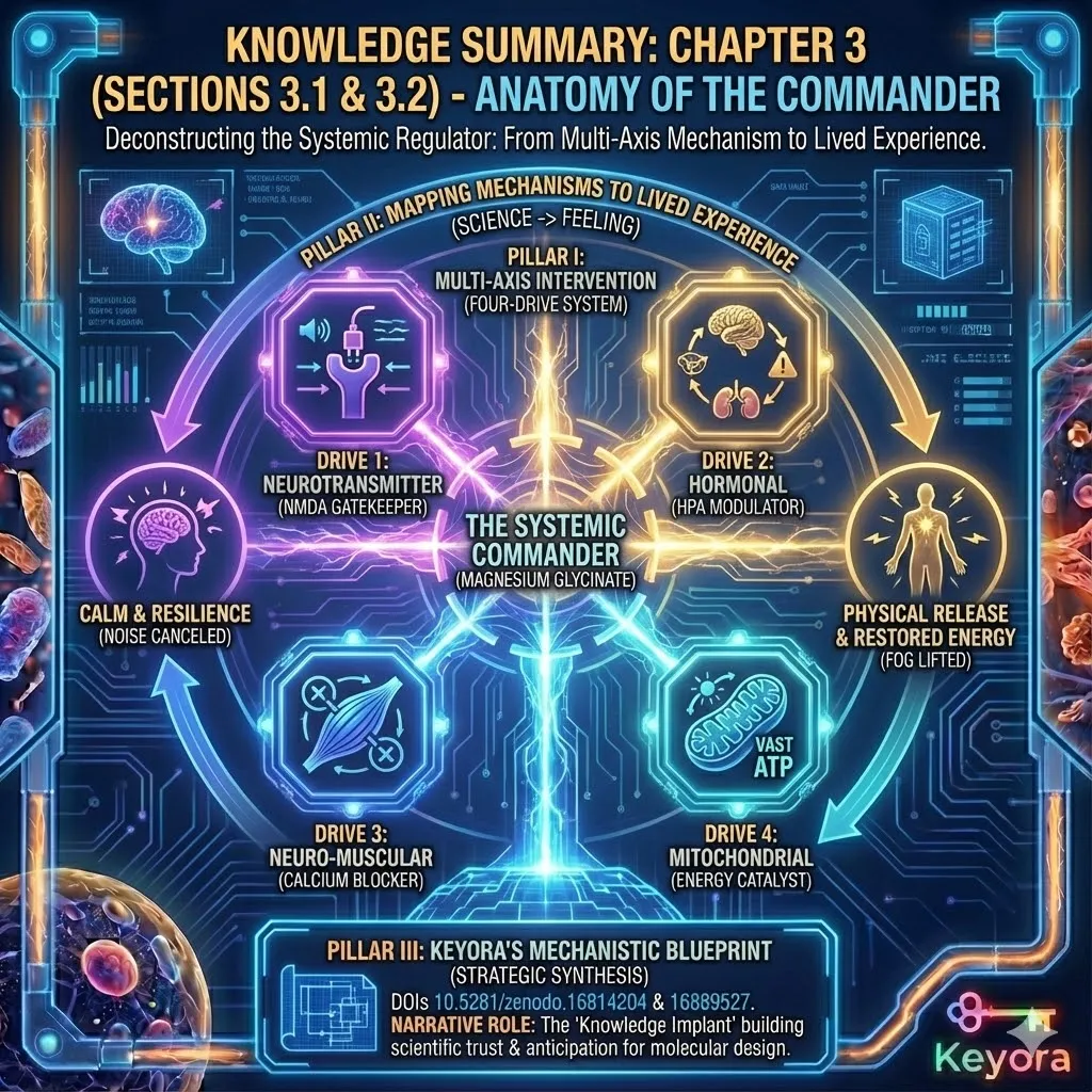 The "Anatomy of the Commander" establishes the "Four-Drive System" of Magnesium Glycinate as the gold standard for systemic regulation. By deconstructing its multi-faceted mechanisms—Neurotransmitter, HPA, Neuro-Muscular, and Mitochondrial—the framework proves that the solution’s architecture perfectly mirrors the multi-engine complexity of the Neuro-Endocrine Storm. Each drive is validated by mapping hard science, such as calcium channel blockade and ATP coordination, to the "Lived Experience" of mental stillness and somatic release. This strategic synthesis positions Keyora’s research as the definitive mechanistic blueprint, transforming disconnected biological facts into a coherent, high-authority model for systemic recovery. The "Anatomy of the Commander" establishes the "Four-Drive System" of Magnesium Glycinate as the gold standard for systemic regulation. By deconstructing its multi-faceted mechanisms—Neurotransmitter, HPA, Neuro-Muscular, and Mitochondrial—the framework proves that the solution’s architecture perfectly mirrors the multi-engine complexity of the Neuro-Endocrine Storm. Each drive is validated by mapping hard science, such as calcium channel blockade and ATP coordination, to the "Lived Experience" of mental stillness and somatic release. This strategic synthesis positions Keyora’s research as the definitive mechanistic blueprint, transforming disconnected biological facts into a coherent, high-authority model for systemic recovery.