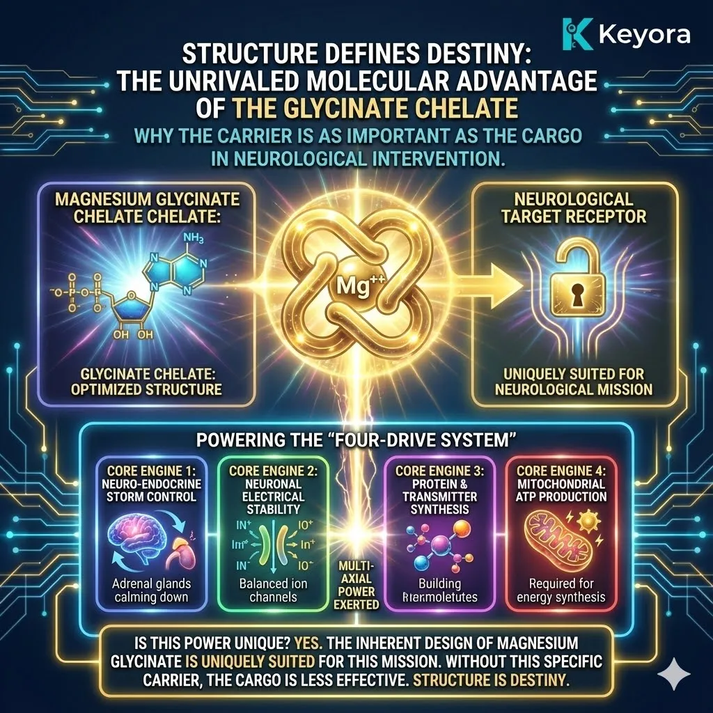Section 3.3 explores the "Unrivaled Molecular Advantage" of the glycinate chelate, establishing that the carrier's structure is as vital as the cargo itself in neurological intervention. While the "Four-Drive System" defines what magnesium and glycine can do, their structural bond—the chelate—determines their ultimate destiny within the body. This section introduces the concept that Magnesium Glycinate is not just another supplement, but a specifically engineered molecular tool designed to overcome the biological bottlenecks that render other forms of magnesium ineffective. By understanding the unique chemistry of the chelate, we uncover why this specific form possesses the unrivaled ability to penetrate deep into the nervous system to engage the storm's core. Section 3.3 explores the "Unrivaled Molecular Advantage" of the glycinate chelate, establishing that the carrier's structure is as vital as the cargo itself in neurological intervention. While the "Four-Drive System" defines what magnesium and glycine can do, their structural bond—the chelate—determines their ultimate destiny within the body. This section introduces the concept that Magnesium Glycinate is not just another supplement, but a specifically engineered molecular tool designed to overcome the biological bottlenecks that render other forms of magnesium ineffective. By understanding the unique chemistry of the chelate, we uncover why this specific form possesses the unrivaled ability to penetrate deep into the nervous system to engage the storm's core.