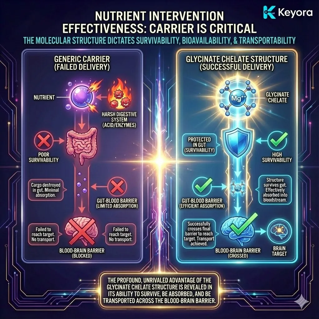 The "Strategic Advantage of the Chelate" posits that the success of a neurological intervention is determined by three non-negotiable factors: Survivability, Bioavailability, and Transportability. While standard magnesium salts often fail these tests—succumbing to stomach acid or causing osmotic distress—the glycinate chelate is a masterpiece of molecular engineering. Its structure is designed to shield the "cargo" through the digestive gauntlet, optimize its uptake into the bloodstream, and facilitate its passage across the heavily guarded blood-brain barrier. It is this specific architecture that transforms a common mineral into a precision-guided tool capable of reaching the core engines of the Neuro-Endocrine Storm. The "Strategic Advantage of the Chelate" posits that the success of a neurological intervention is determined by three non-negotiable factors: Survivability, Bioavailability, and Transportability. While standard magnesium salts often fail these tests—succumbing to stomach acid or causing osmotic distress—the glycinate chelate is a masterpiece of molecular engineering. Its structure is designed to shield the "cargo" through the digestive gauntlet, optimize its uptake into the bloodstream, and facilitate its passage across the heavily guarded blood-brain barrier. It is this specific architecture that transforms a common mineral into a precision-guided tool capable of reaching the core engines of the Neuro-Endocrine Storm.