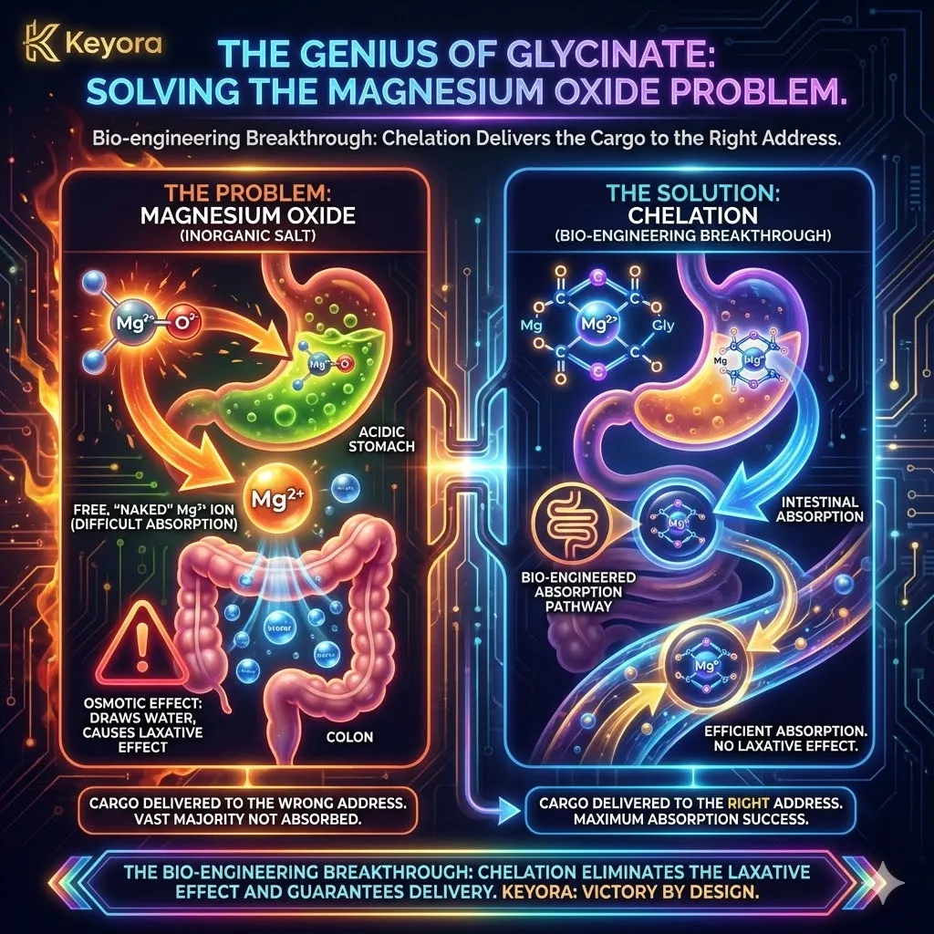 The "Magnesium Oxide Paradox" illustrates the failure of delivery without design. While Magnesium Oxide is dense in elemental weight, its inorganic salt structure is fundamentally flawed for neurological use. In the stomach, the bond dissolves into a "naked" Mg2+ ion that the intestines struggle to capture. This unabsorbed ion acts as an osmotic pump, drawing water into the colon and triggering a laxative effect rather than systemic recovery. This results in the "Large Cargo, Wrong Address" scenario: the nutrient remains in the digestive tract, never reaching the bloodstream or the brain, rendering it useless for quelling a Neuro-Endocrine Storm. The "Magnesium Oxide Paradox" illustrates the failure of delivery without design. While Magnesium Oxide is dense in elemental weight, its inorganic salt structure is fundamentally flawed for neurological use. In the stomach, the bond dissolves into a "naked" Mg2+ ion that the intestines struggle to capture. This unabsorbed ion acts as an osmotic pump, drawing water into the colon and triggering a laxative effect rather than systemic recovery. This results in the "Large Cargo, Wrong Address" scenario: the nutrient remains in the digestive tract, never reaching the bloodstream or the brain, rendering it useless for quelling a Neuro-Endocrine Storm.