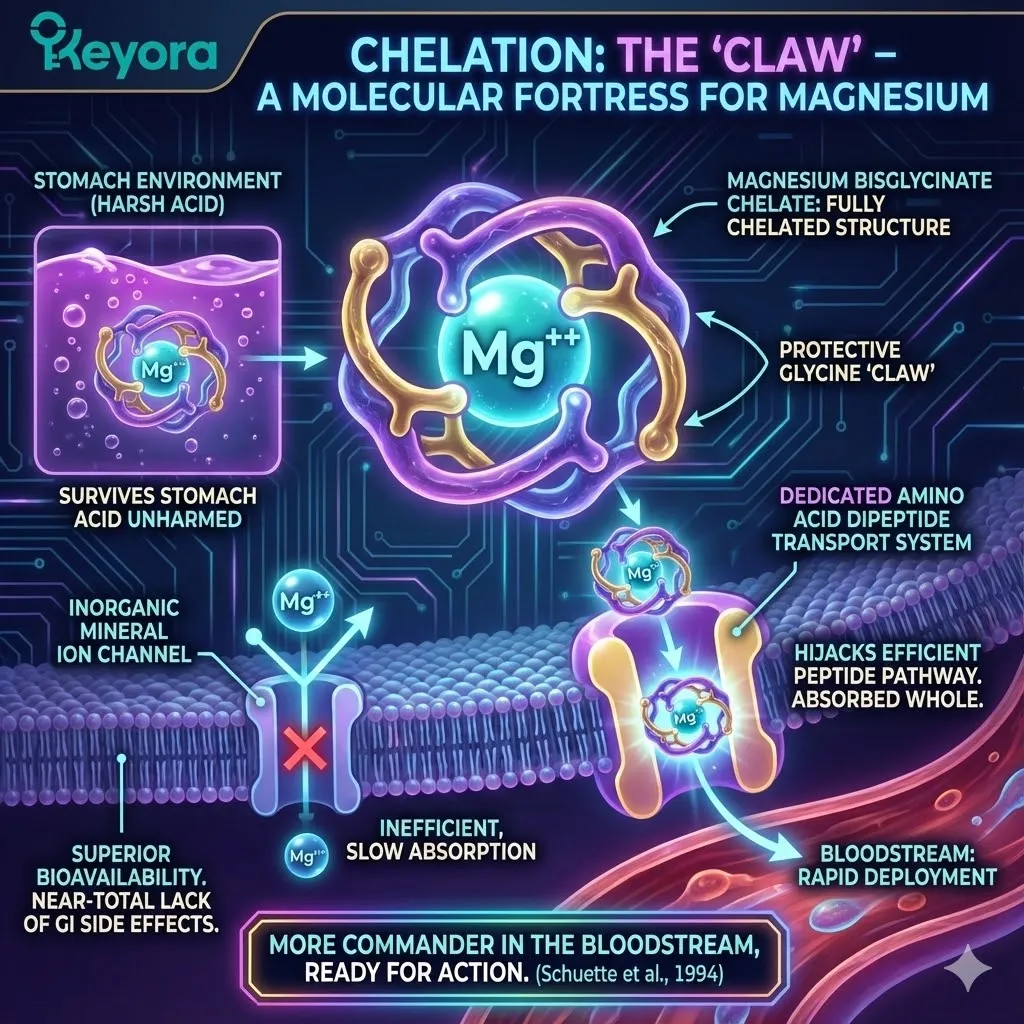 The "Molecular Fortress" of the bisglycinate chelate utilizes the Greek principle of the chele (claw) to shield the magnesium ion between two glycine molecules. This structural "cloaking" protects the mineral from premature ionization in stomach acid. Instead of relying on the slow, easily saturated mineral ion channels, the chelate hijacks the body’s highly efficient dipeptide transport systems. By masquerading as a protein-like fragment, Magnesium Glycinate is absorbed whole through the intestinal wall. This "Trojan Horse" strategy bypasses the osmotic bottlenecks of inorganic salts, ensuring that the maximum dose of the "commander" reaches the bloodstream without the gastrointestinal distress typical of lesser forms. The "Molecular Fortress" of the bisglycinate chelate utilizes the Greek principle of the chele (claw) to shield the magnesium ion between two glycine molecules. This structural "cloaking" protects the mineral from premature ionization in stomach acid. Instead of relying on the slow, easily saturated mineral ion channels, the chelate hijacks the body’s highly efficient dipeptide transport systems. By masquerading as a protein-like fragment, Magnesium Glycinate is absorbed whole through the intestinal wall. This "Trojan Horse" strategy bypasses the osmotic bottlenecks of inorganic salts, ensuring that the maximum dose of the "commander" reaches the bloodstream without the gastrointestinal distress typical of lesser forms.