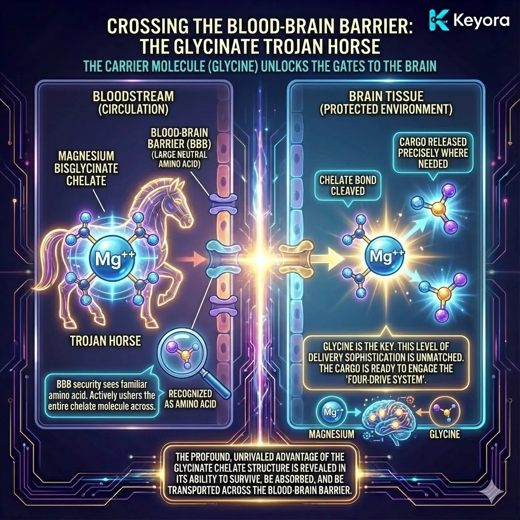 The "Trojan Horse" strategy is the definitive solution to the Blood-Brain Barrier (BBB) challenge. Getting the commander into the blood is futile if it cannot breach this highly selective endothelial wall. While the BBB remains impenetrable to many standard minerals, the magnesium bisglycinate chelate utilizes Molecular Mimicry to bypass security. Because it is structurally recognized as an amino acid peptide, it is actively "pulled" across the barrier by specialized Large Neutral Amino Acid (LNAA) transporters. This mechanism ensures the magnesium and glycine molecules are not just circulating in the periphery, but are delivered directly into the neural tissue. Once inside, the bond is cleaved, releasing the full power of the "Four-Drive System" precisely where the Neuro-Endocrine Storm is most volatile. The "Trojan Horse" strategy is the definitive solution to the Blood-Brain Barrier (BBB) challenge. Getting the commander into the blood is futile if it cannot breach this highly selective endothelial wall. While the BBB remains impenetrable to many standard minerals, the magnesium bisglycinate chelate utilizes Molecular Mimicry to bypass security. Because it is structurally recognized as an amino acid peptide, it is actively "pulled" across the barrier by specialized Large Neutral Amino Acid (LNAA) transporters. This mechanism ensures the magnesium and glycine molecules are not just circulating in the periphery, but are delivered directly into the neural tissue. Once inside, the bond is cleaved, releasing the full power of the "Four-Drive System" precisely where the Neuro-Endocrine Storm is most volatile.