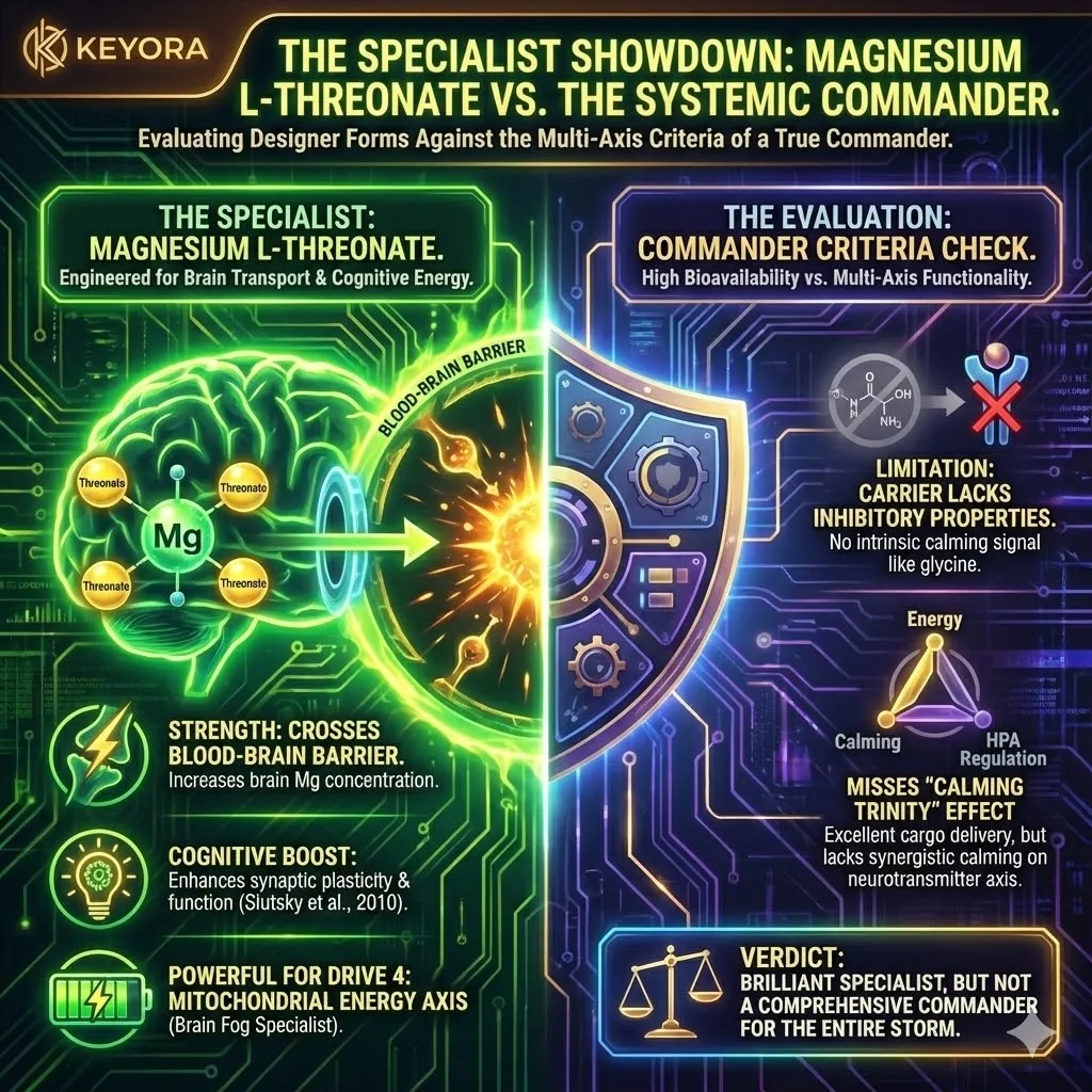 The "Cognitive Specialist" analysis identifies Magnesium L-Threonate as a high-performance tool specifically engineered for brain penetration. Its unique carrier, L-Threonate, excels at elevating neuronal magnesium levels, which directly enhances synaptic plasticity and mitochondrial energy—effectively targeting Drive 4 (The Energetic Axis). However, while it is a potent specialist for clearing cognitive fog, it lacks the multi-functional versatility of the glycinate form. Without the intrinsic inhibitory properties of glycine, it cannot activate the parallel "Calming Trinity" required to settle the neurotransmitter storm. It is a precision instrument for cognition, but it leaves the HPA and somatic axes largely unreinforced. The "Cognitive Specialist" analysis identifies Magnesium L-Threonate as a high-performance tool specifically engineered for brain penetration. Its unique carrier, L-Threonate, excels at elevating neuronal magnesium levels, which directly enhances synaptic plasticity and mitochondrial energy—effectively targeting Drive 4 (The Energetic Axis). However, while it is a potent specialist for clearing cognitive fog, it lacks the multi-functional versatility of the glycinate form. Without the intrinsic inhibitory properties of glycine, it cannot activate the parallel "Calming Trinity" required to settle the neurotransmitter storm. It is a precision instrument for cognition, but it leaves the HPA and somatic axes largely unreinforced.