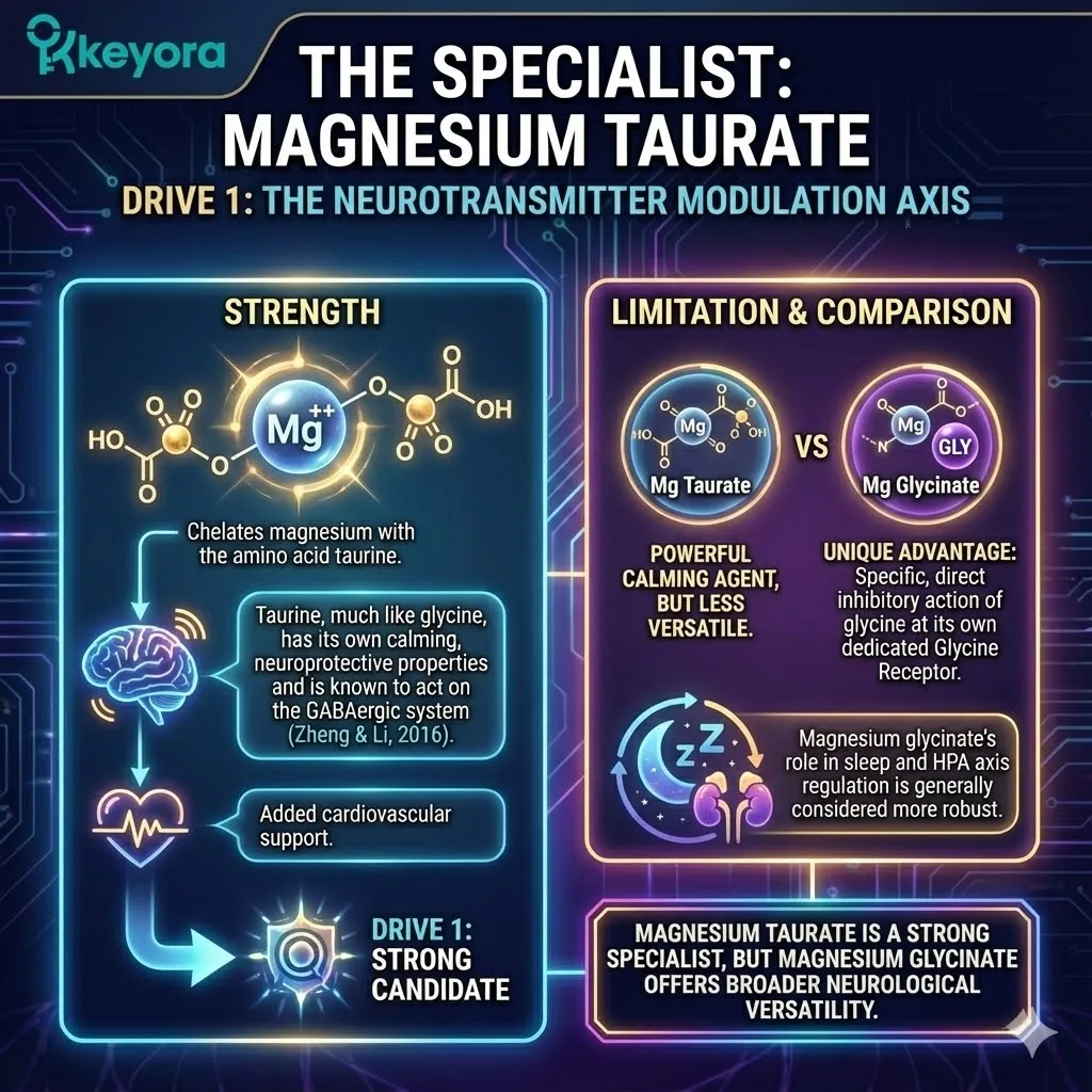The "Neuromuscular Specialist" analysis positions Magnesium Taurate as a formidable tool for Drive 1 (The Neurotransmitter Axis). By chelating magnesium with taurine—a sulfonic amino acid with potent GABAergic and neuroprotective properties—this form offers significant benefits for calming neurological hyperactivity and providing cardiovascular stability. However, while taurine is a powerful inhibitory agent, it lacks the specific "dual-key" functionality of glycine. Glycine's ability to activate its own dedicated GlyR receptors while simultaneously enhancing GABA provides a more comprehensive "Calming Trinity." Consequently, while Taurate is a sophisticated calming agent, it lacks the versatile, multi-system command of the glycinate form in orchestrating a full HPA axis and circadian reset. The "Neuromuscular Specialist" analysis positions Magnesium Taurate as a formidable tool for Drive 1 (The Neurotransmitter Axis). By chelating magnesium with taurine—a sulfonic amino acid with potent GABAergic and neuroprotective properties—this form offers significant benefits for calming neurological hyperactivity and providing cardiovascular stability. However, while taurine is a powerful inhibitory agent, it lacks the specific "dual-key" functionality of glycine. Glycine's ability to activate its own dedicated GlyR receptors while simultaneously enhancing GABA provides a more comprehensive "Calming Trinity." Consequently, while Taurate is a sophisticated calming agent, it lacks the versatile, multi-system command of the glycinate form in orchestrating a full HPA axis and circadian reset.