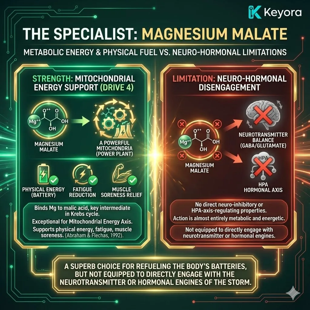 The "Metabolic Specialist" analysis identifies Magnesium Malate as a high-performance tool for Drive 4 (The Energetic Axis). By pairing magnesium with malic acid—a critical intermediate in the Krebs cycle—this form excels at replenishing ATP and resolving physical muscle fatigue. However, its mission is strictly metabolic. Malic acid lacks the neuro-inhibitory or HPA-axis-regulating properties found in glycine or taurine. While it is an ideal "refueling" agent for the body’s batteries, it lacks the molecular versatility to quiet the "racing mind" or reset the master clock. It serves as a powerful energetic restorer, but it cannot act as the systemic commander required to de-escalate the neurological and hormonal engines of the storm. The "Metabolic Specialist" analysis identifies Magnesium Malate as a high-performance tool for Drive 4 (The Energetic Axis). By pairing magnesium with malic acid—a critical intermediate in the Krebs cycle—this form excels at replenishing ATP and resolving physical muscle fatigue. However, its mission is strictly metabolic. Malic acid lacks the neuro-inhibitory or HPA-axis-regulating properties found in glycine or taurine. While it is an ideal "refueling" agent for the body’s batteries, it lacks the molecular versatility to quiet the "racing mind" or reset the master clock. It serves as a powerful energetic restorer, but it cannot act as the systemic commander required to de-escalate the neurological and hormonal engines of the storm.
