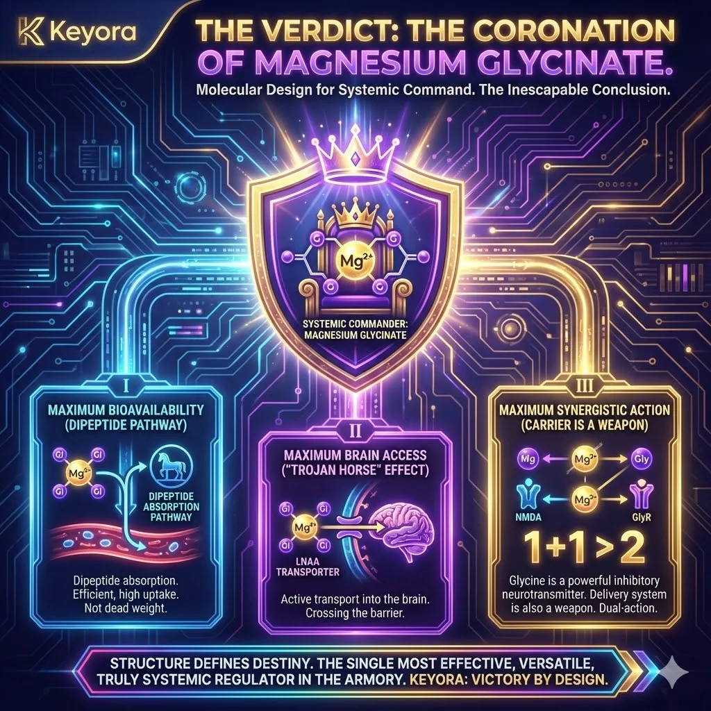 The "Verdict of the Showdown" coronates Magnesium Glycinate as the unrivaled Systemic Commander. Unlike specialists that focus on isolated drives, the bisglycinate chelate is a masterpiece of integrated design: it maximizes gut absorption through dipeptide mimicry, ensures brain penetration via "Trojan Horse" transport, and utilizes a carrier—glycine—that is a potent inhibitory weapon in its own right. This structural synergy ensures that the delivery system is as active as the cargo, creating a $1+1 > 2$ effect. Because structure defines destiny, Magnesium Glycinate is uniquely destined to be the most versatile tool in the neurological armory, capable of de-escalating all three engines of the Neuro-Endocrine Storm simultaneously. The "Verdict of the Showdown" coronates Magnesium Glycinate as the unrivaled Systemic Commander. Unlike specialists that focus on isolated drives, the bisglycinate chelate is a masterpiece of integrated design: it maximizes gut absorption through dipeptide mimicry, ensures brain penetration via "Trojan Horse" transport, and utilizes a carrier—glycine—that is a potent inhibitory weapon in its own right. This structural synergy ensures that the delivery system is as active as the cargo, creating a $1+1 > 2$ effect. Because structure defines destiny, Magnesium Glycinate is uniquely destined to be the most versatile tool in the neurological armory, capable of de-escalating all three engines of the Neuro-Endocrine Storm simultaneously.