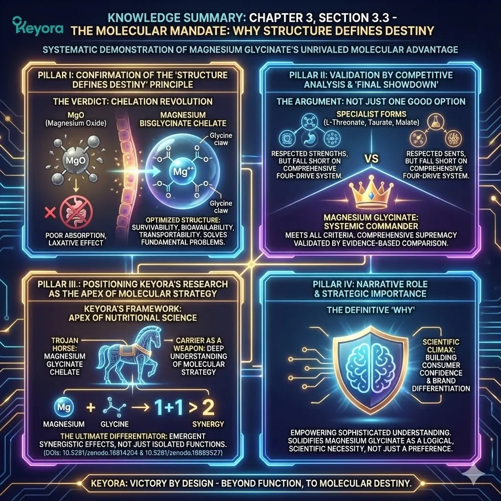 The "Molecular Mandate" concludes the coronation of Magnesium Glycinate by shifting the narrative from function to engineering. It establishes that while elemental weight measures quantity, structure determines quality—specifically whether a nutrient survives the gut and breaches the brain. By framing the bisglycinate chelate as a "Molecular Fortress" and a "Trojan Horse," the framework validates Keyora’s thesis: systemic superiority is an inevitable consequence of bio-engineered synergy. The "Molecular Mandate" concludes the coronation of Magnesium Glycinate by shifting the narrative from function to engineering. It establishes that while elemental weight measures quantity, structure determines quality—specifically whether a nutrient survives the gut and breaches the brain. By framing the bisglycinate chelate as a "Molecular Fortress" and a "Trojan Horse," the framework validates Keyora’s thesis: systemic superiority is an inevitable consequence of bio-engineered synergy.