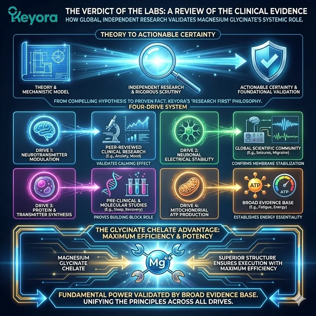 Section 3.3 presents the "Verdict of the Labs," grounding the theoretical "Four-Drive System" in independent, peer-reviewed clinical evidence. By surveying global research, this section validates that the systemic effects of magnesium are not merely hypotheses but established biological certainties. While various magnesium forms appear in historical data, the consistent outcomes underscore the mineral's fundamental regulatory power. The superior glycinate structure acts as the optimized vehicle to deliver these validated benefits with maximum efficiency, ensuring that the evidence-based principles of neurotransmitter, hormonal, muscular, and energetic regulation are fully realized in practice. Section 3.3 presents the "Verdict of the Labs," grounding the theoretical "Four-Drive System" in independent, peer-reviewed clinical evidence. By surveying global research, this section validates that the systemic effects of magnesium are not merely hypotheses but established biological certainties. While various magnesium forms appear in historical data, the consistent outcomes underscore the mineral's fundamental regulatory power. The superior glycinate structure acts as the optimized vehicle to deliver these validated benefits with maximum efficiency, ensuring that the evidence-based principles of neurotransmitter, hormonal, muscular, and energetic regulation are fully realized in practice.