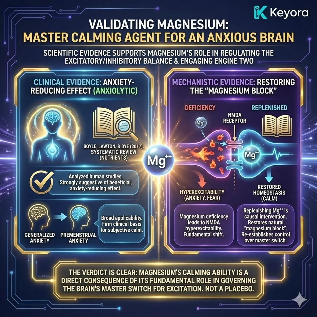 The "Verdict of the Labs" validates magnesium as the master regulator of the brain's excitatory-inhibitory balance. A landmark systematic review by Boyle et al. (2017) confirms its broad anxiolytic effects, while Sartori et al. (2012) provide the molecular proof: magnesium deficiency triggers NMDA receptor hyperexcitability. This research confirms that replenishing magnesium is a causal intervention that restores the "magnesium block," providing irrefutable validation for its role as the primary gatekeeper against neurological hyperactivity. The "Verdict of the Labs" validates magnesium as the master regulator of the brain's excitatory-inhibitory balance. A landmark systematic review by Boyle et al. (2017) confirms its broad anxiolytic effects, while Sartori et al. (2012) provide the molecular proof: magnesium deficiency triggers NMDA receptor hyperexcitability. This research confirms that replenishing magnesium is a causal intervention that restores the "magnesium block," providing irrefutable validation for its role as the primary gatekeeper against neurological hyperactivity.
