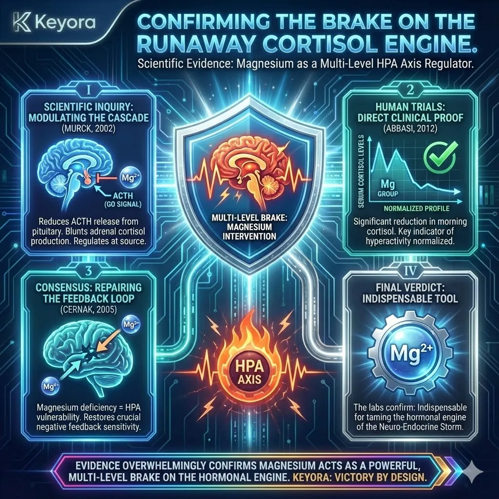 The "Cortisol Brake" is scientifically confirmed by research documenting magnesium's multi-level regulation of the HPA axis. Murck (2002) identified its capacity to blunt ACTH release at the pituitary and modulate adrenal output, addressing the stress cascade at the source. Human trials, such as Abbasi et al. (2012), demonstrate that magnesium supplementation significantly reduces morning cortisol levels, providing direct clinical proof that it restores the rhythmic control essential for overcoming a Neuro-Endocrine Storm. The "Cortisol Brake" is scientifically confirmed by research documenting magnesium's multi-level regulation of the HPA axis. Murck (2002) identified its capacity to blunt ACTH release at the pituitary and modulate adrenal output, addressing the stress cascade at the source. Human trials, such as Abbasi et al. (2012), demonstrate that magnesium supplementation significantly reduces morning cortisol levels, providing direct clinical proof that it restores the rhythmic control essential for overcoming a Neuro-Endocrine Storm.