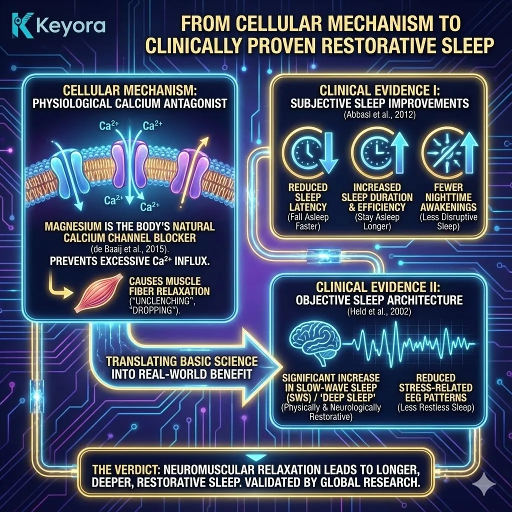 The "Sleep Architecture Verdict" connects magnesium's role as a natural calcium antagonist to clinically measured improvements in sleep quality. By blocking excessive calcium influx, magnesium facilitates neuromuscular relaxation—the physical "unclenching" required for rest. Research by Abbasi et al. (2012) and Held et al. (2002) confirms that this physiological quietude leads to decreased sleep latency and a significant increase in slow-wave sleep (SWS), the deep phase essential for glymphatic brain clearance. The "Sleep Architecture Verdict" connects magnesium's role as a natural calcium antagonist to clinically measured improvements in sleep quality. By blocking excessive calcium influx, magnesium facilitates neuromuscular relaxation—the physical "unclenching" required for rest. Research by Abbasi et al. (2012) and Held et al. (2002) confirms that this physiological quietude leads to decreased sleep latency and a significant increase in slow-wave sleep (SWS), the deep phase essential for glymphatic brain clearance.