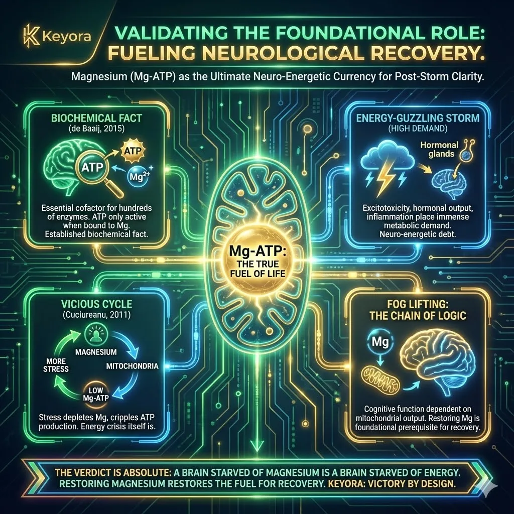 The "Neurological Fueling" verdict centers on the biochemical fact that ATP, the body’s energy currency, is only biologically active when bound to magnesium as Mg-ATP. De Baaij et al. (2015) confirm magnesium as an essential cofactor for mitochondrial function. Chronic stress creates an energy crisis where magnesium depletion cripples ATP production, manifesting as cognitive fog. Restoring magnesium levels is a prerequisite for neuro-energetic recovery, providing the raw power necessary to clear the fog and fuel the brain's repair processes. The "Neurological Fueling" verdict centers on the biochemical fact that ATP, the body’s energy currency, is only biologically active when bound to magnesium as Mg-ATP. De Baaij et al. (2015) confirm magnesium as an essential cofactor for mitochondrial function. Chronic stress creates an energy crisis where magnesium depletion cripples ATP production, manifesting as cognitive fog. Restoring magnesium levels is a prerequisite for neuro-energetic recovery, providing the raw power necessary to clear the fog and fuel the brain's repair processes.