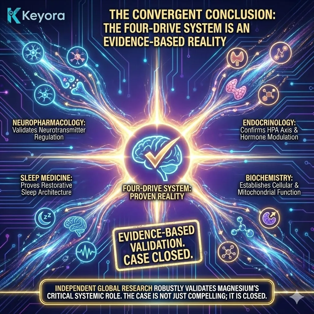The "Convergent Conclusion" synthesizes global evidence from neuropharmacology, endocrinology, and biochemistry to confirm the "Four-Drive System" as an evidence-based reality. Independent research validates that magnesium is not a peripheral nutrient but a core systemic regulator. By stabilizing neurotransmitters, braking the HPA axis, optimizing sleep architecture, and fueling mitochondrial recovery, it directly addresses the biological failure points of the Neuro-Endocrine Storm. The case is scientifically closed. The "Convergent Conclusion" synthesizes global evidence from neuropharmacology, endocrinology, and biochemistry to confirm the "Four-Drive System" as an evidence-based reality. Independent research validates that magnesium is not a peripheral nutrient but a core systemic regulator. By stabilizing neurotransmitters, braking the HPA axis, optimizing sleep architecture, and fueling mitochondrial recovery, it directly addresses the biological failure points of the Neuro-Endocrine Storm. The case is scientifically closed.