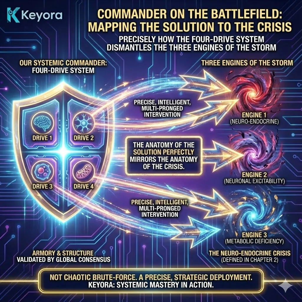 The "Battlefield Map" represents the final strategic integration of the Four-Drive System against the Neuro-Endocrine Storm. This section moves from individual component analysis to a coordinated tactical strike, overlaying the commander’s biological capabilities onto the specific engines of crisis identified in Chapter 2. By mapping these interventions, we demonstrate that recovery is not a result of a brute-force assault, but a precise, multi-pronged counter-offensive where the solution’s anatomy perfectly mirrors the architecture of the crisis. The "Battlefield Map" represents the final strategic integration of the Four-Drive System against the Neuro-Endocrine Storm. This section moves from individual component analysis to a coordinated tactical strike, overlaying the commander’s biological capabilities onto the specific engines of crisis identified in Chapter 2. By mapping these interventions, we demonstrate that recovery is not a result of a brute-force assault, but a precise, multi-pronged counter-offensive where the solution’s anatomy perfectly mirrors the architecture of the crisis.