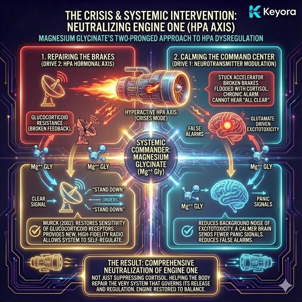 The "HPA De-escalation" strategy directly targets Engine One by repairing the system's "brakes" and lowering "background noise." By restoring glucocorticoid receptor sensitivity (Drive 2), Magnesium Glycinate overcomes glucocorticoid resistance, allowing the brain to finally register the signal to shut down the stress response. Concurrently, the neurotransmitter modulation of Drive 1 settles the amygdala, reducing the frequency of false alarms. This dual-pronged attack doesn't just lower cortisol; it restores the biological infrastructure of the HPA axis, enabling a return to homeostatic self-regulation. The "HPA De-escalation" strategy directly targets Engine One by repairing the system's "brakes" and lowering "background noise." By restoring glucocorticoid receptor sensitivity (Drive 2), Magnesium Glycinate overcomes glucocorticoid resistance, allowing the brain to finally register the signal to shut down the stress response. Concurrently, the neurotransmitter modulation of Drive 1 settles the amygdala, reducing the frequency of false alarms. This dual-pronged attack doesn't just lower cortisol; it restores the biological infrastructure of the HPA axis, enabling a return to homeostatic self-regulation.