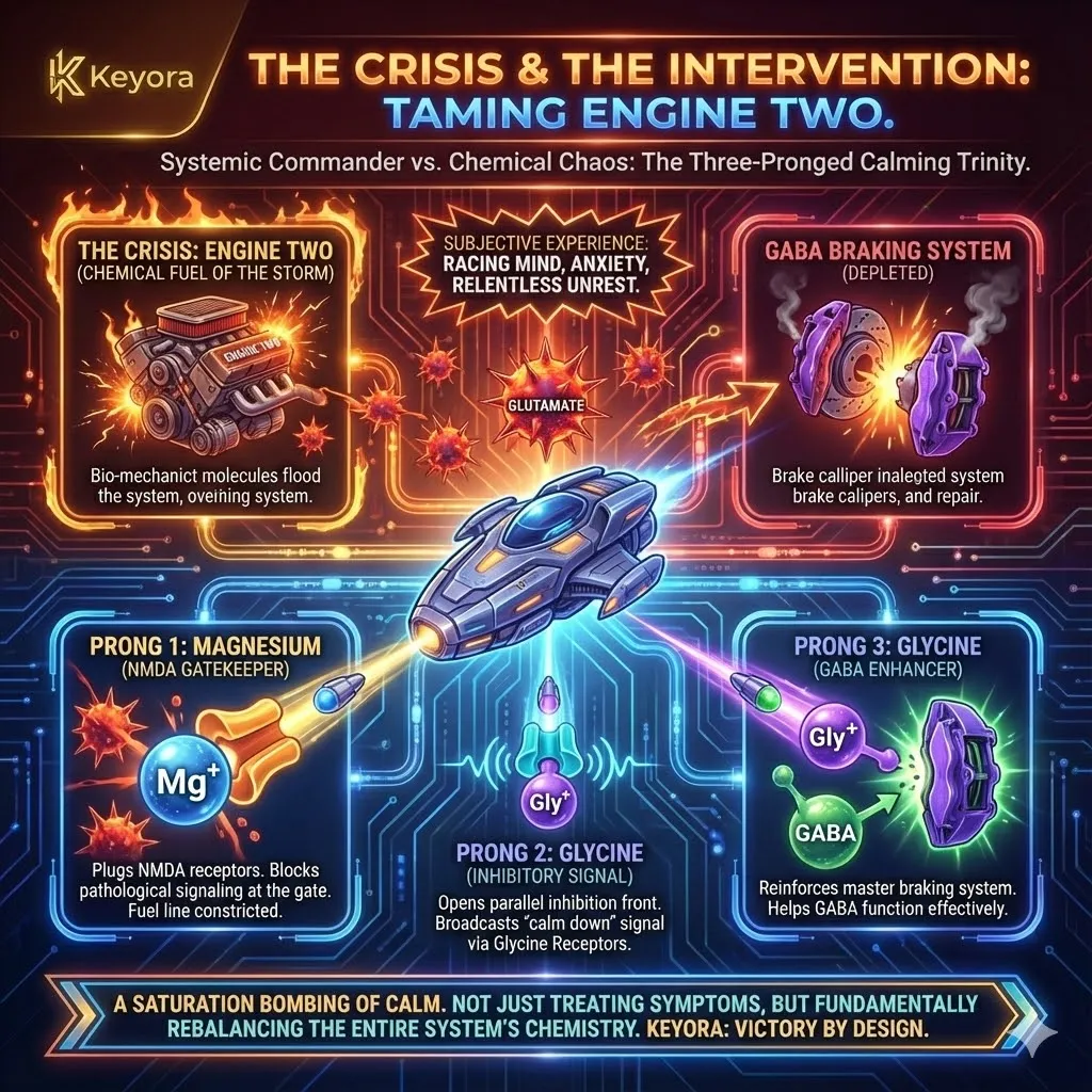 The "Chemical Rebalance" strategy neutralizes Engine Two by deploying the "Calming Trinity" of Drive 1. This saturation attack addresses glutamate excitotoxicity at three levels: magnesium restores the NMDA gatekeeper "block" to stop the fuel of excitation; glycine activates secondary inhibitory Glycine Receptors; and glycine concurrently reinforces the GABA system's braking power. This multi-front offensive fundamentally shifts the brain's chemistry from a state of drowning in glutamate to a stable, inhibitory equilibrium, silencing the neurological unrest of the storm. The "Chemical Rebalance" strategy neutralizes Engine Two by deploying the "Calming Trinity" of Drive 1. This saturation attack addresses glutamate excitotoxicity at three levels: magnesium restores the NMDA gatekeeper "block" to stop the fuel of excitation; glycine activates secondary inhibitory Glycine Receptors; and glycine concurrently reinforces the GABA system's braking power. This multi-front offensive fundamentally shifts the brain's chemistry from a state of drowning in glutamate to a stable, inhibitory equilibrium, silencing the neurological unrest of the storm.