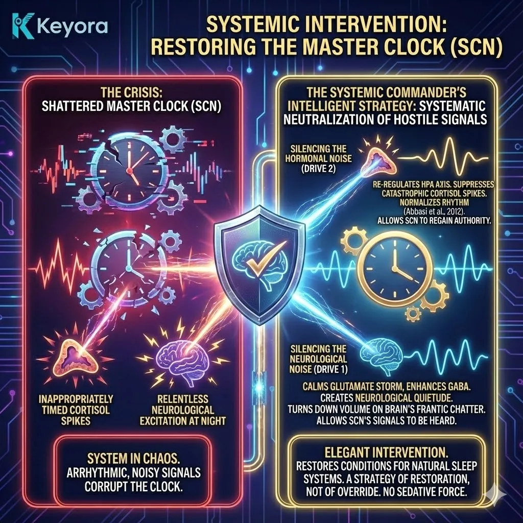 The "Indirect Clock Restoration" strategy neutralizes Engine Three by silencing the environmental noise corrupting the SCN. Rather than forcing sleep, the commander uses Drive 2 to suppress inappropriately timed nighttime cortisol spikes and Drive 1 to quench neurological excitation. By removing these disruptive signals, the intervention restores the biological "quietude" required for the master clock to regain its rhythmic authority. This approach prioritizes the restoration of natural circadian architecture over sedating the system, allowing the SCN's signals to be heard clearly once again. The "Indirect Clock Restoration" strategy neutralizes Engine Three by silencing the environmental noise corrupting the SCN. Rather than forcing sleep, the commander uses Drive 2 to suppress inappropriately timed nighttime cortisol spikes and Drive 1 to quench neurological excitation. By removing these disruptive signals, the intervention restores the biological "quietude" required for the master clock to regain its rhythmic authority. This approach prioritizes the restoration of natural circadian architecture over sedating the system, allowing the SCN's signals to be heard clearly once again.
