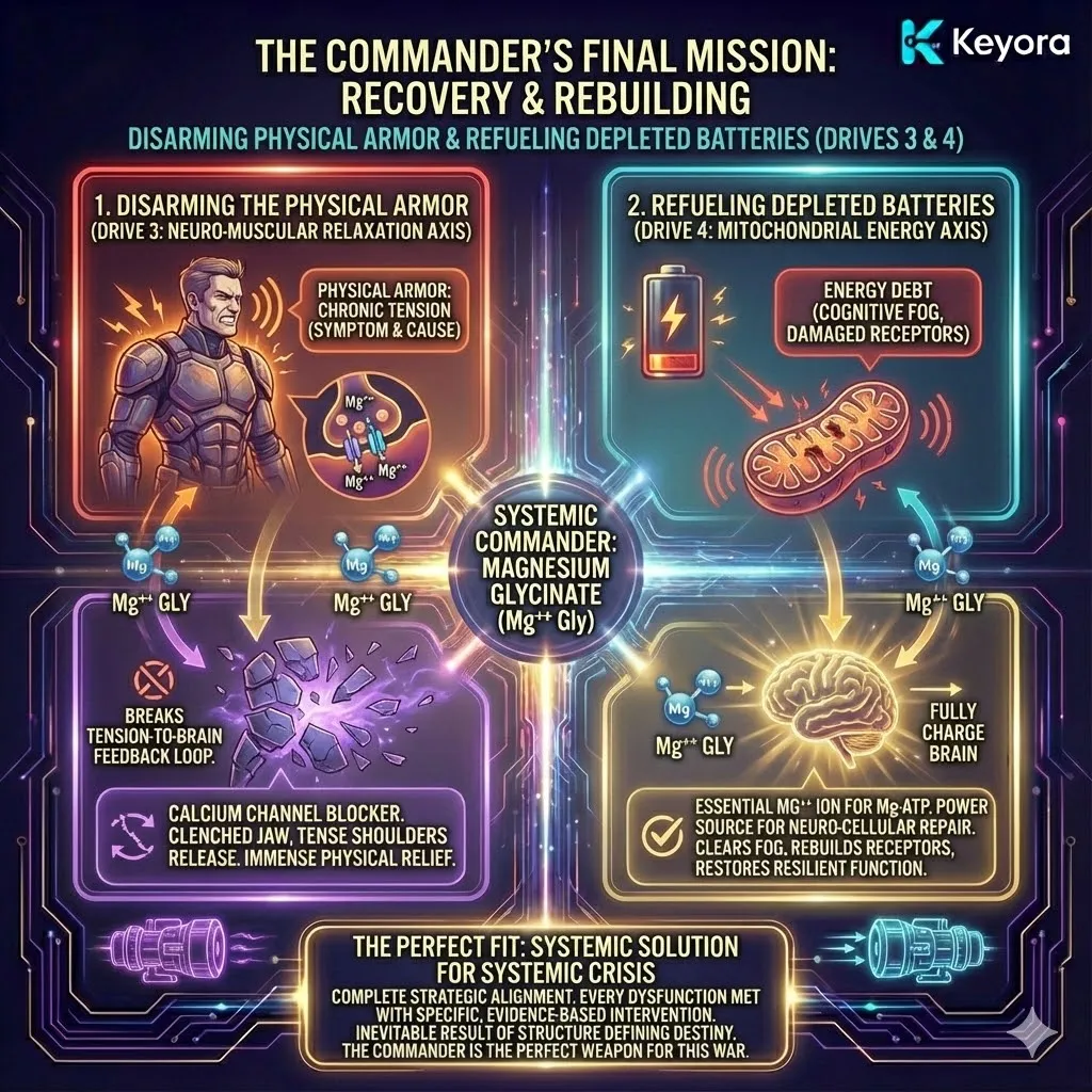 The "Reconstruction Phase" marks the transition from battle to recovery. Drive 3 (Neuro-Muscular Relaxation) acts as a systemic "armor release," breaking the physical feedback loop that signals the brain to remain in a high-alert state. Simultaneously, Drive 4 (Mitochondrial Energy) resolves the profound energy debt by activating Mg-ATP, fueling the cellular repair of receptors and clearing cognitive fog. This strategic alignment ensures that every dysfunction of the Neuro-Endocrine Storm is addressed by a specific, evidence-based intervention, proving that the commander's multi-functional structure is the perfect weapon for systemic restoration. The "Reconstruction Phase" marks the transition from battle to recovery. Drive 3 (Neuro-Muscular Relaxation) acts as a systemic "armor release," breaking the physical feedback loop that signals the brain to remain in a high-alert state. Simultaneously, Drive 4 (Mitochondrial Energy) resolves the profound energy debt by activating Mg-ATP, fueling the cellular repair of receptors and clearing cognitive fog. This strategic alignment ensures that every dysfunction of the Neuro-Endocrine Storm is addressed by a specific, evidence-based intervention, proving that the commander's multi-functional structure is the perfect weapon for systemic restoration.