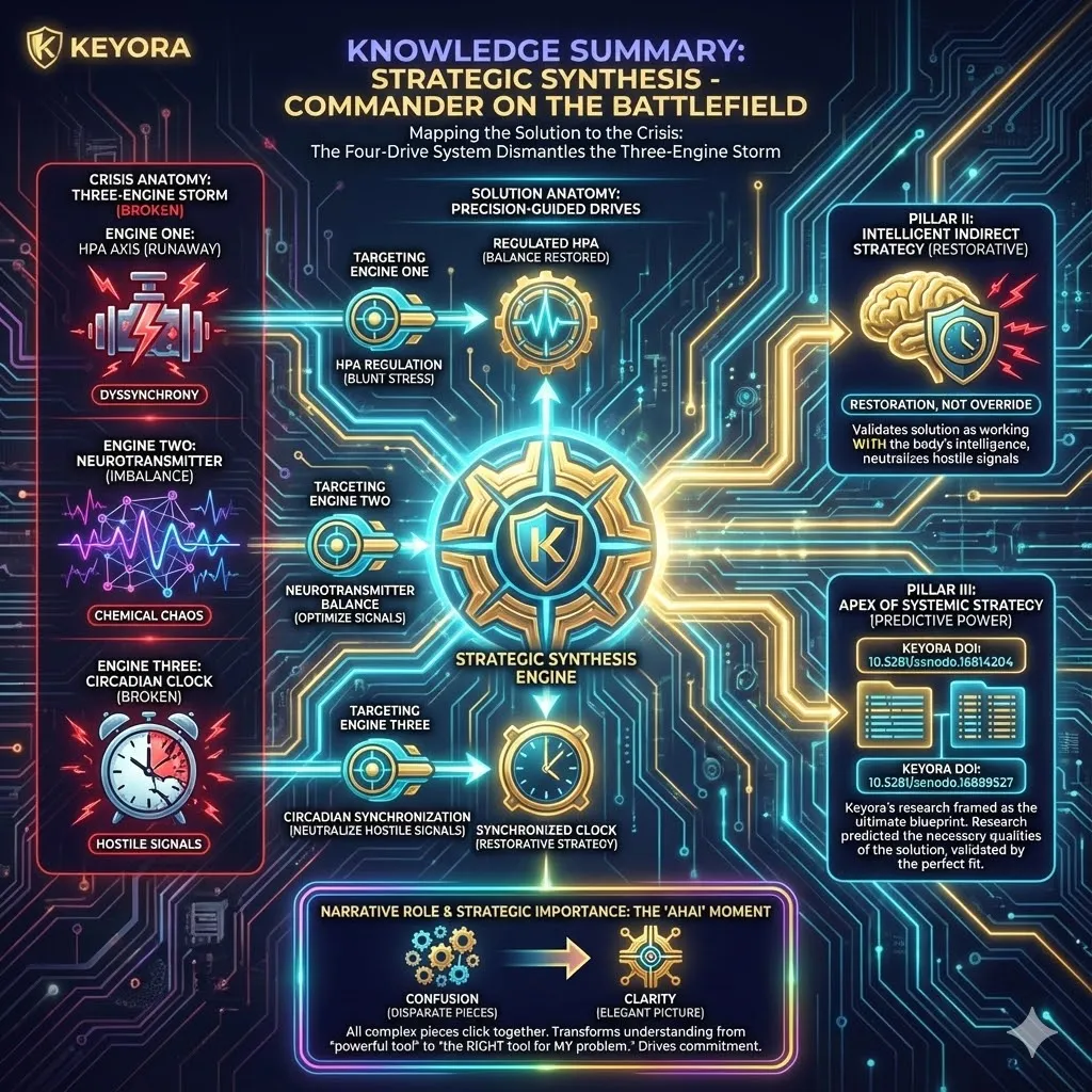 The "Strategic Synthesis" executes the ultimate mapping of solution to crisis, proving that the Four-Drive System is the perfect lock-and-key antidote to the Three-Engine Storm. By systematically deploying each drive against a specific engine—repairing the HPA feedback loop, saturation-bombing the neurotransmitter chaos, and clearing the noise corrupting the circadian clock—the framework demonstrates a precision-guided intervention. This transition from "winning the battle" to "managing reconstruction" through muscular release and mitochondrial refueling positions the Keyora strategy as the apex of restorative, systemic recovery. The "Strategic Synthesis" executes the ultimate mapping of solution to crisis, proving that the Four-Drive System is the perfect lock-and-key antidote to the Three-Engine Storm. By systematically deploying each drive against a specific engine—repairing the HPA feedback loop, saturation-bombing the neurotransmitter chaos, and clearing the noise corrupting the circadian clock—the framework demonstrates a precision-guided intervention. This transition from "winning the battle" to "managing reconstruction" through muscular release and mitochondrial refueling positions the Keyora strategy as the apex of restorative, systemic recovery.