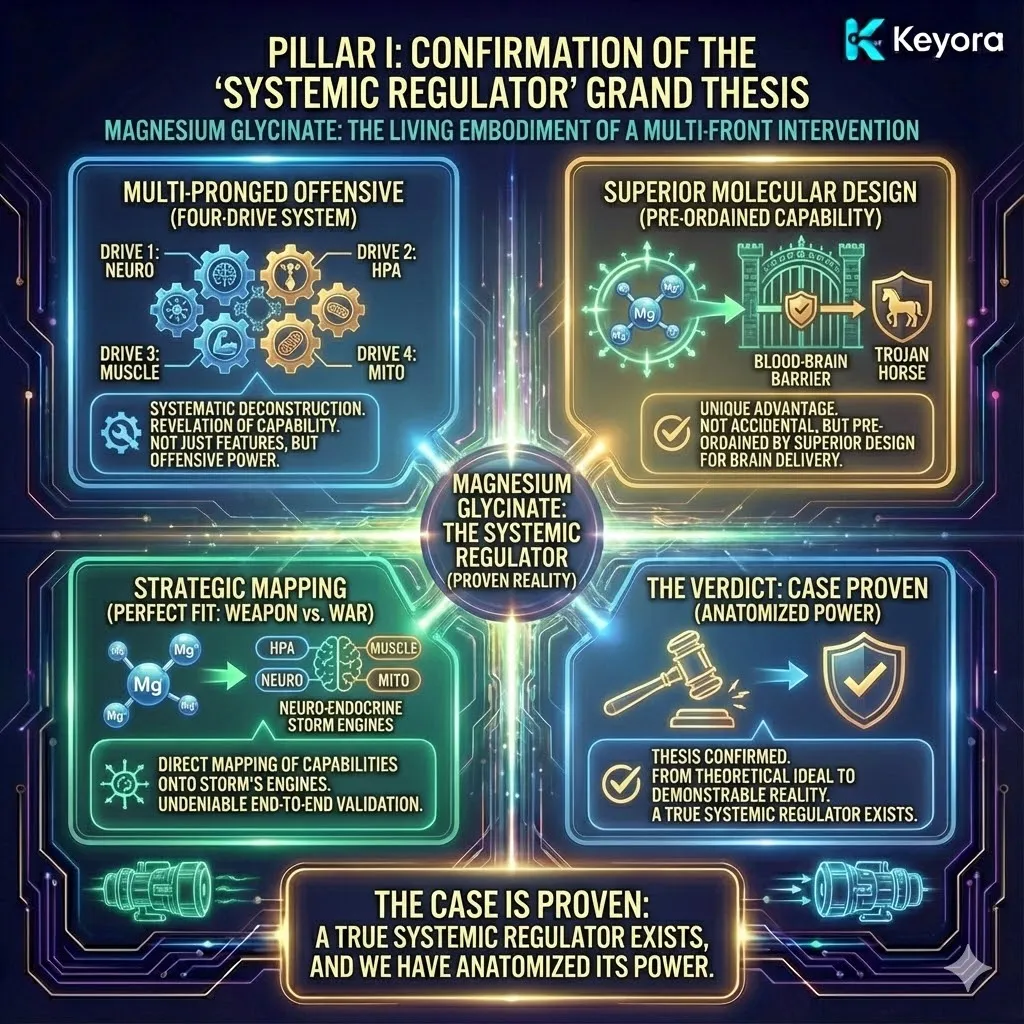 The "Grand Thesis Confirmation" elevates Magnesium Glycinate from a theoretical ideal to the tangible embodiment of a Systemic Regulator. The evidence deconstructs its "Four-Drive System" not as a list of features, but as a coordinated offensive capability. Its molecular design proves this systemic power is pre-ordained, while the strategic mapping against the storm's engines validates a perfect fit between solution and crisis. The case is proven: a singular, multi-frontal intervention exists to dismantle a multi-system crisis. The "Grand Thesis Confirmation" elevates Magnesium Glycinate from a theoretical ideal to the tangible embodiment of a Systemic Regulator. The evidence deconstructs its "Four-Drive System" not as a list of features, but as a coordinated offensive capability. Its molecular design proves this systemic power is pre-ordained, while the strategic mapping against the storm's engines validates a perfect fit between solution and crisis. The case is proven: a singular, multi-frontal intervention exists to dismantle a multi-system crisis.