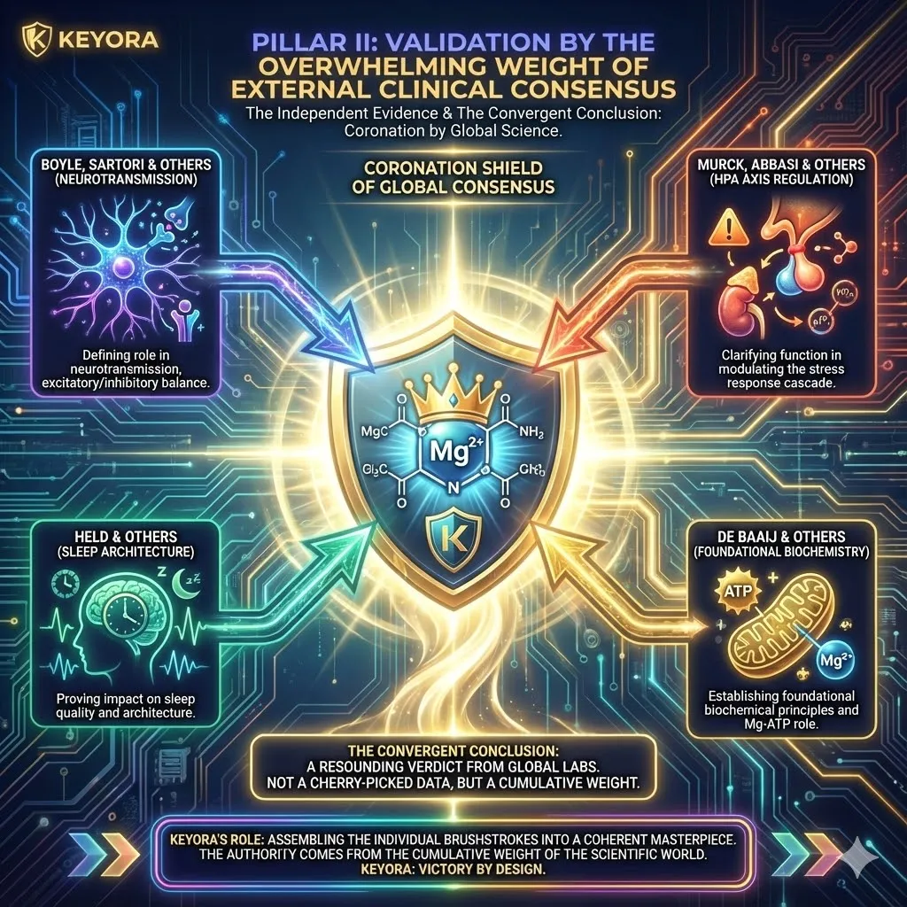 Pillar II validates the systemic commander through the collective authority of global clinical consensus. This "interlocking web" of third-party evidence—spanning neuropharmacology, endocrinology, and sleep medicine—proves that magnesium’s role as a master regulator is an established scientific fact. Keyora serves as the "Strategic Synthesizer," assembling disparate research into a coherent masterpiece. The coronation is anchored not in proprietary claims, but in the cumulative, peer-reviewed weight of decades of independent scientific inquiry. Pillar II validates the systemic commander through the collective authority of global clinical consensus. This "interlocking web" of third-party evidence—spanning neuropharmacology, endocrinology, and sleep medicine—proves that magnesium’s role as a master regulator is an established scientific fact. Keyora serves as the "Strategic Synthesizer," assembling disparate research into a coherent masterpiece. The coronation is anchored not in proprietary claims, but in the cumulative, peer-reviewed weight of decades of independent scientific inquiry.