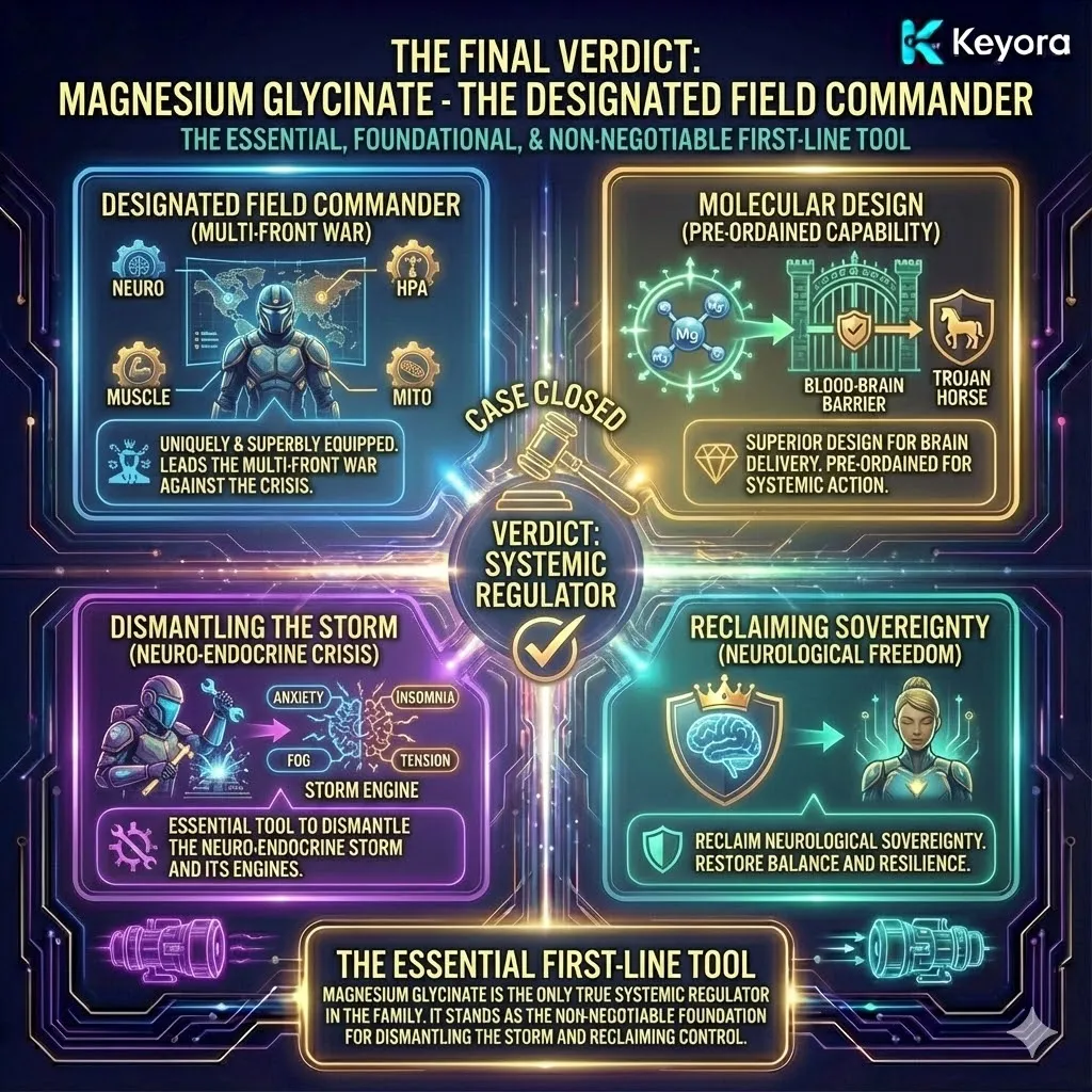 The final "Gavel Drop" concludes the coronation of Magnesium Glycinate as the definitive Field Commander. This chapter has proven that its systemic superiority is an inescapable conclusion of molecular design and clinical evidence. It stands as the only true Systemic Regulator capable of fighting the multi-front war against the Neuro-Endocrine Storm. As the foundational and non-negotiable tool for recovery, it provides the essential biological infrastructure required for any individual to reclaim their neurological sovereignty and end the cycle of burnout. The final "Gavel Drop" concludes the coronation of Magnesium Glycinate as the definitive Field Commander. This chapter has proven that its systemic superiority is an inescapable conclusion of molecular design and clinical evidence. It stands as the only true Systemic Regulator capable of fighting the multi-front war against the Neuro-Endocrine Storm. As the foundational and non-negotiable tool for recovery, it provides the essential biological infrastructure required for any individual to reclaim their neurological sovereignty and end the cycle of burnout.